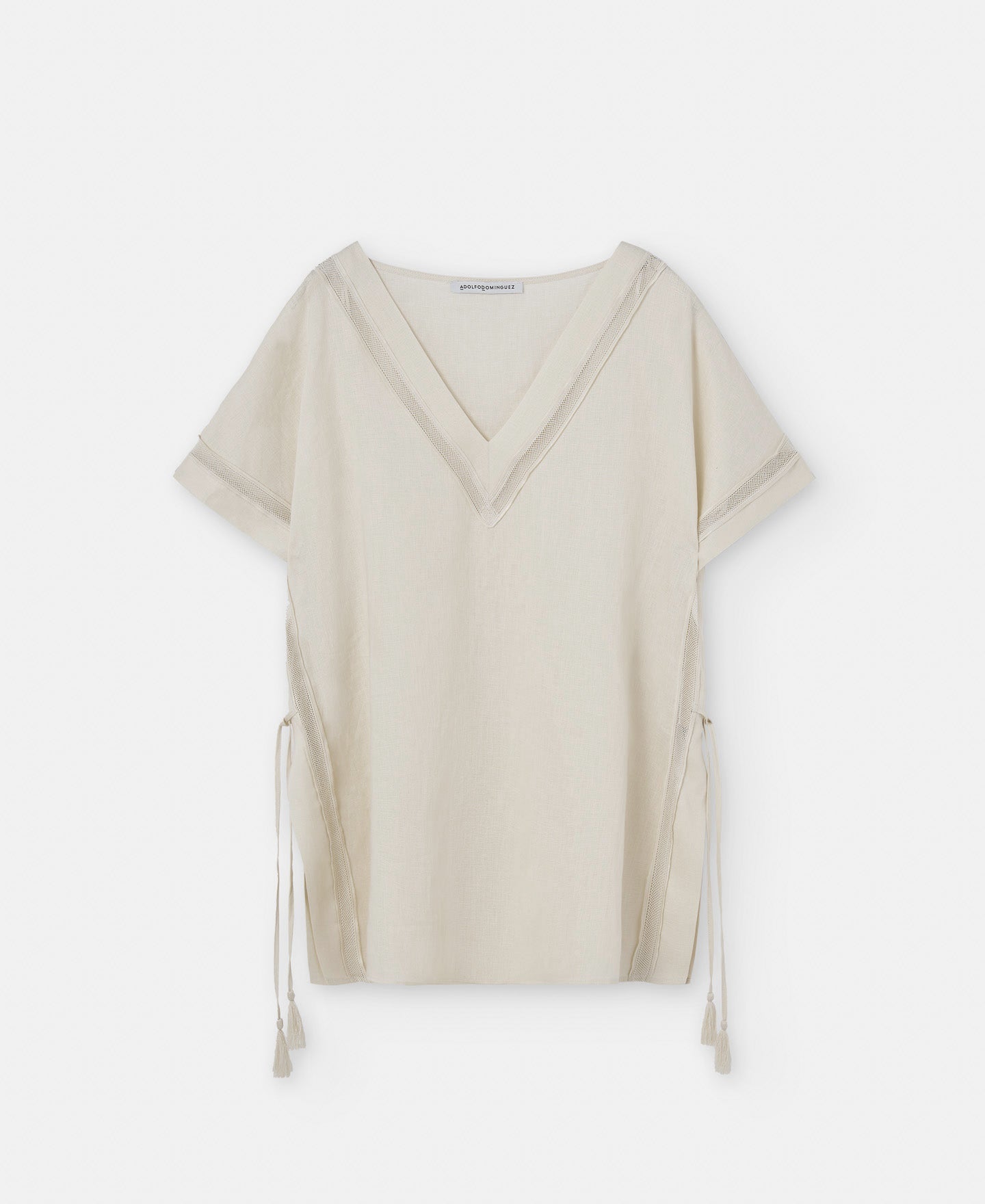 Women Short Sleeved Shirt | Light Cream Responsible Linen Tasseled Shirt by Spanish designer Adolfo Dominguez