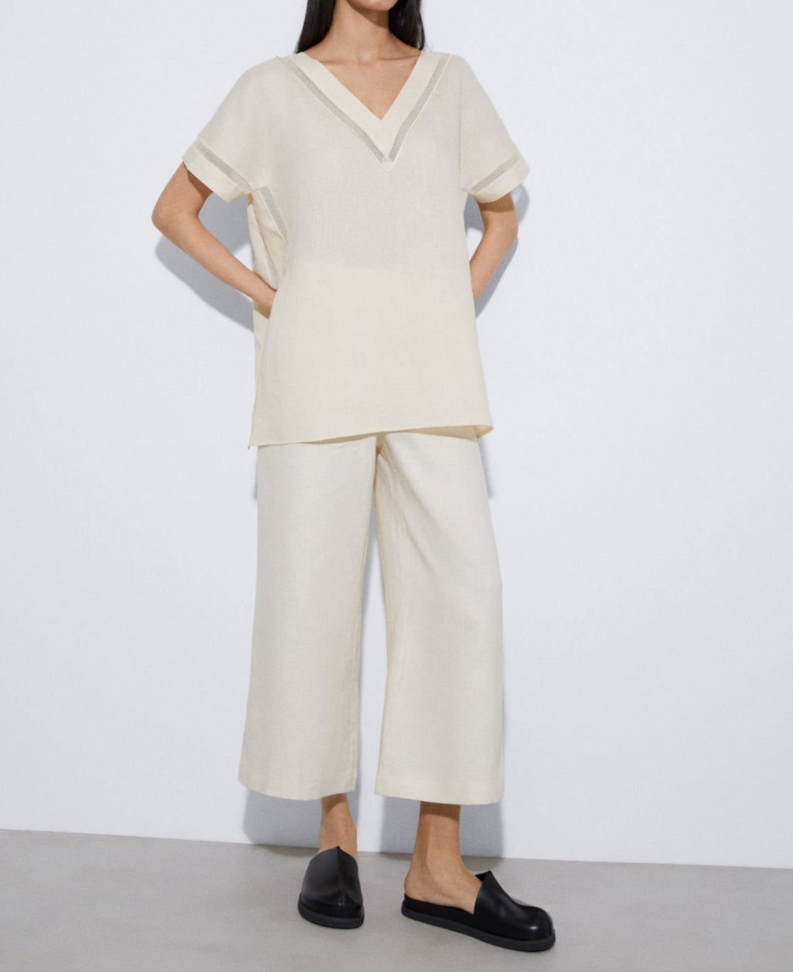 Women Short Sleeved Shirt | Light Cream Responsible Linen Tasseled Shirt by Spanish designer Adolfo Dominguez