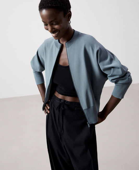 Women Knit Jacket | Light Grey Japanese Sleeve Bomber Jacket by Spanish designer Adolfo Dominguez