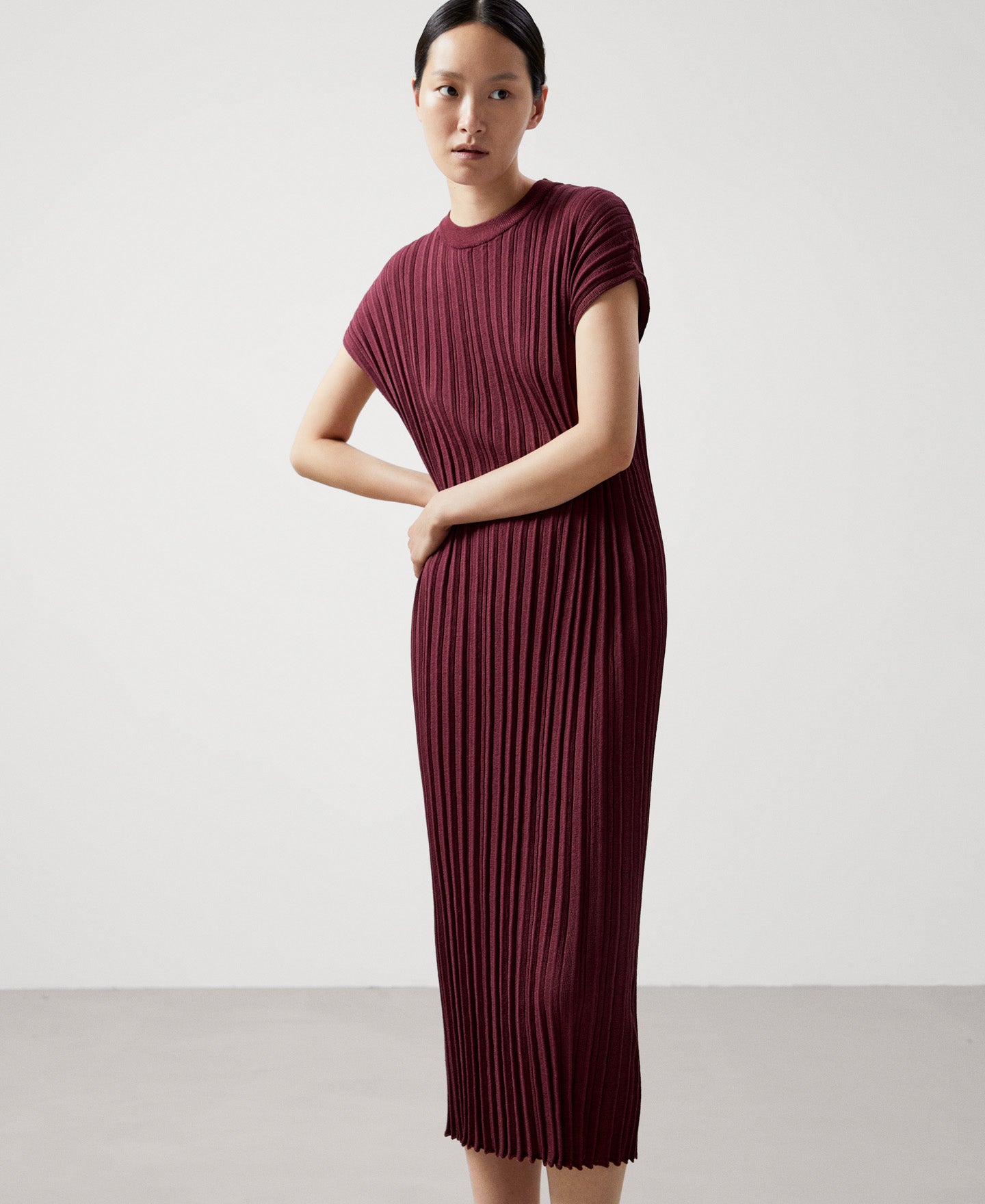 Women Dress | Light Maroon Pleated Viscose Dress by Spanish designer Adolfo Dominguez