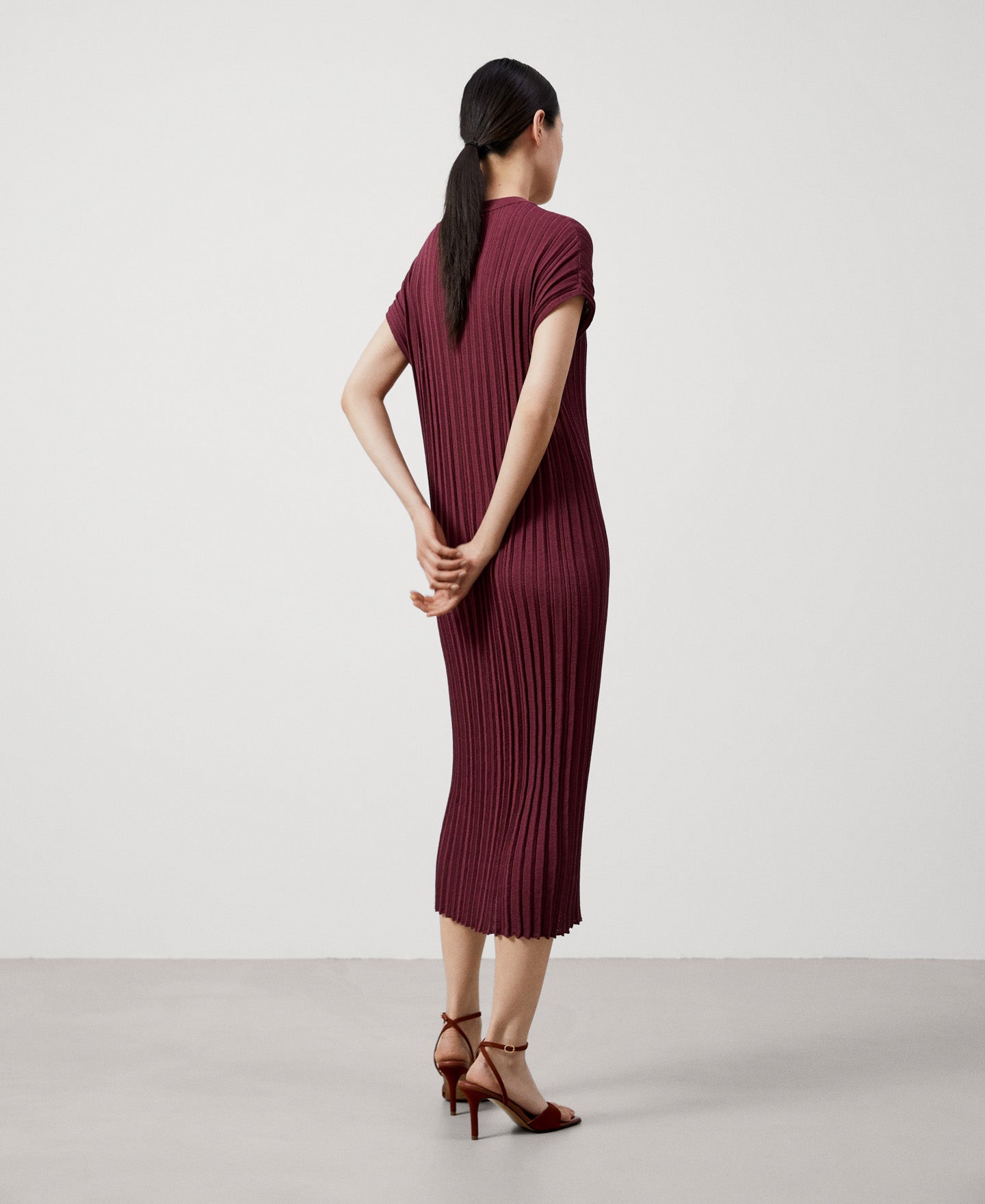 Women Dress | Light Maroon Pleated Viscose Dress by Spanish designer Adolfo Dominguez