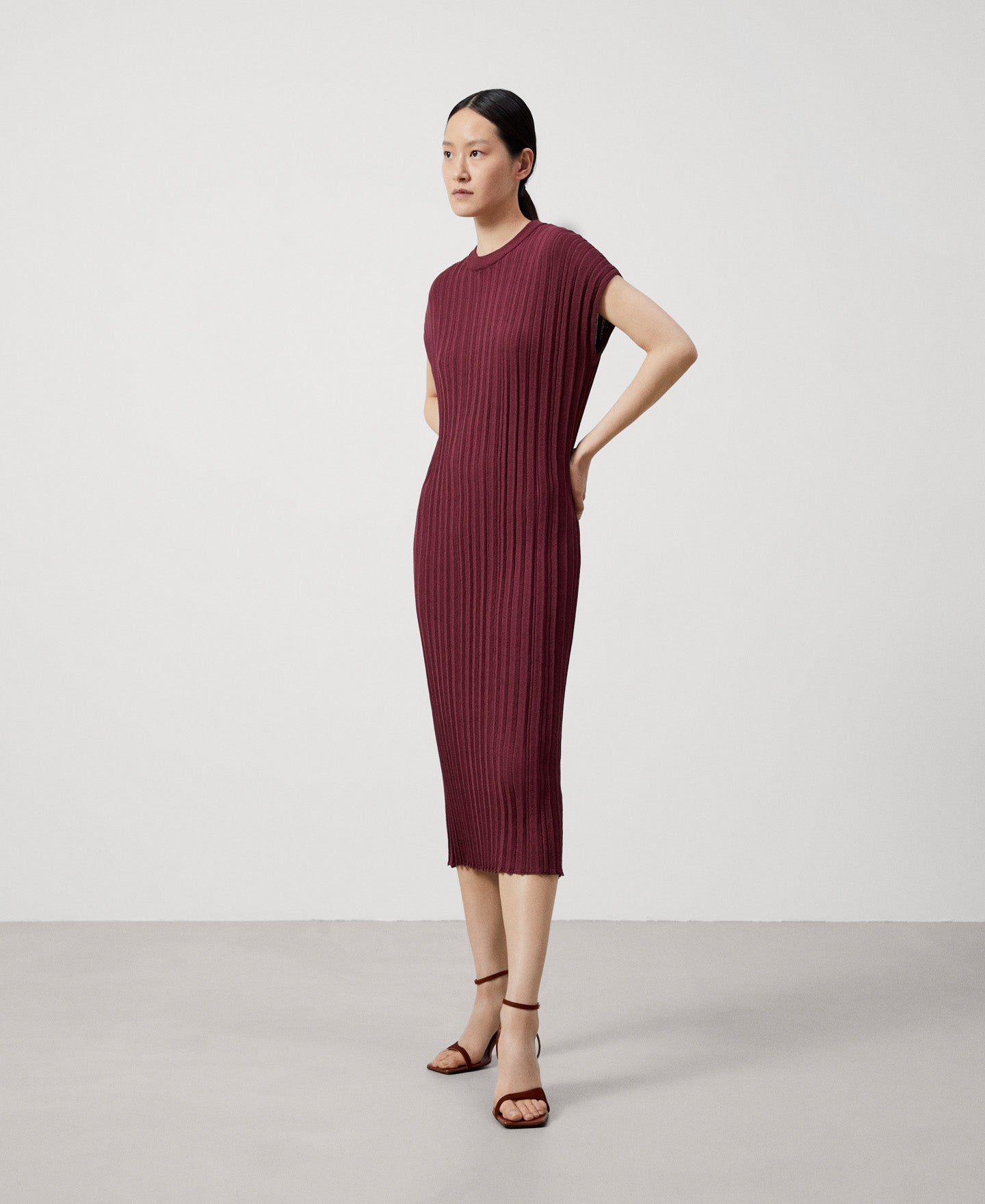 Women Dress | Light Maroon Pleated Viscose Dress by Spanish designer Adolfo Dominguez
