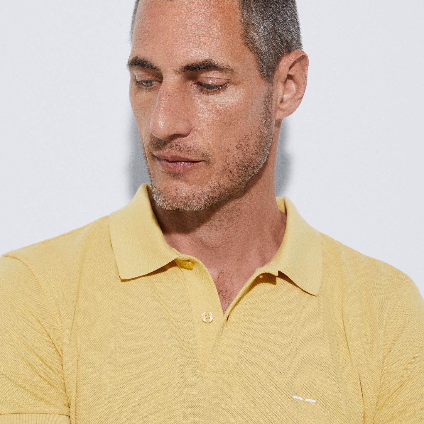 Men Polo | Light Yellow Cotton Pique Two Button Polo Shirt by Spanish designer Adolfo Dominguez