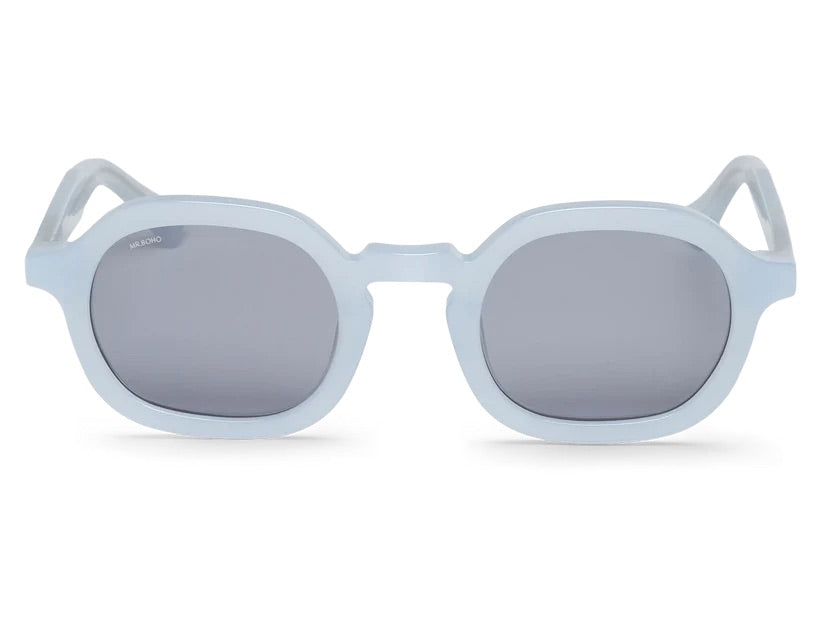 A pair of light blue framed oval sunglasses with dark lenses.