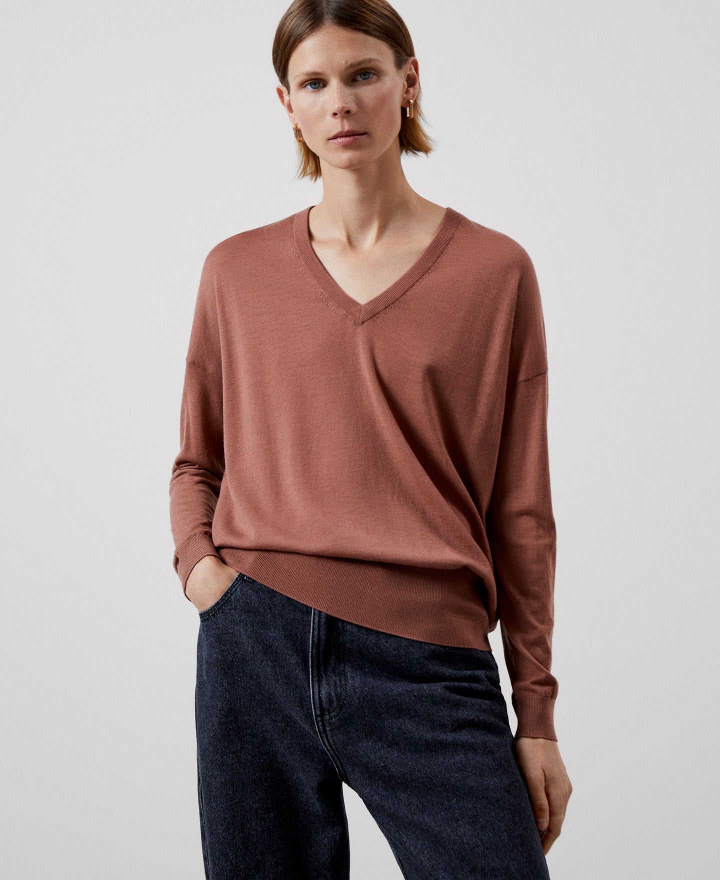 Women Jersey | Makeup V-Neckline Merino Wool Sweater by Spanish designer Adolfo Dominguez