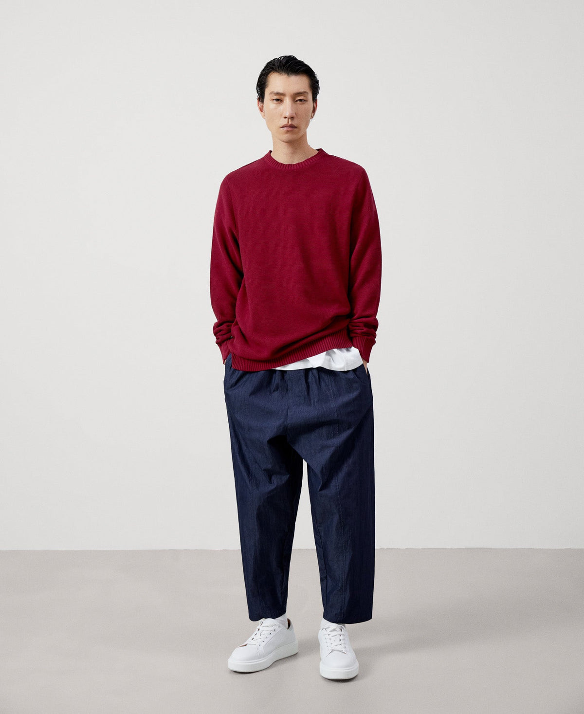 Men Jersey | Maroon Cotton Crew Neck Sweater by Spanish designer Adolfo Dominguez