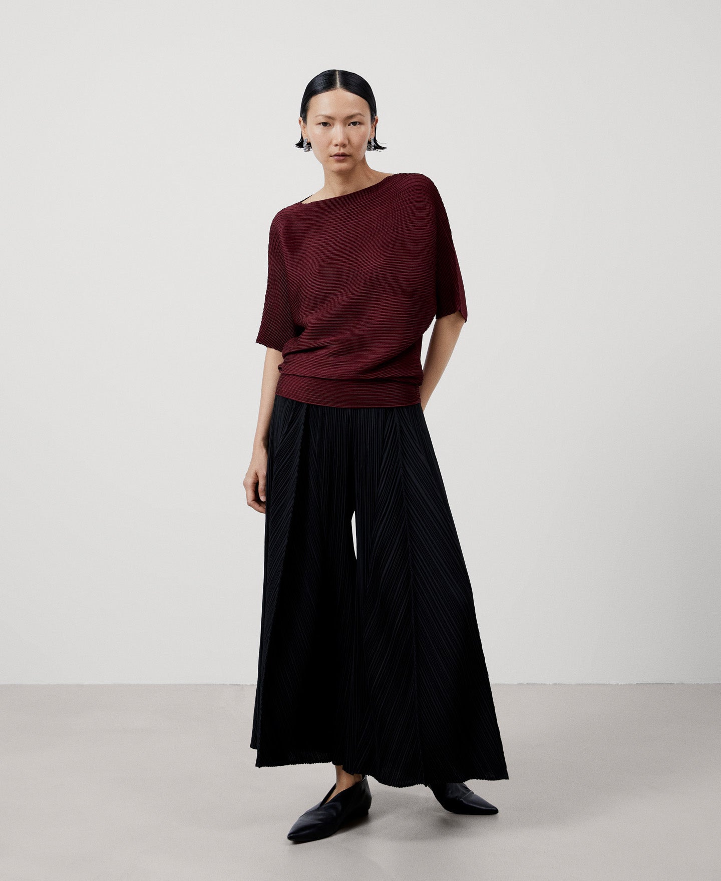 Women Shirt | Maroon Crinkle Bat Sleeve Sweater by Spanish designer Adolfo Dominguez