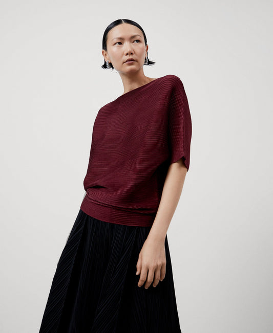 Women Shirt | Maroon Crinkle Bat Sleeve Sweater by Spanish designer Adolfo Dominguez
