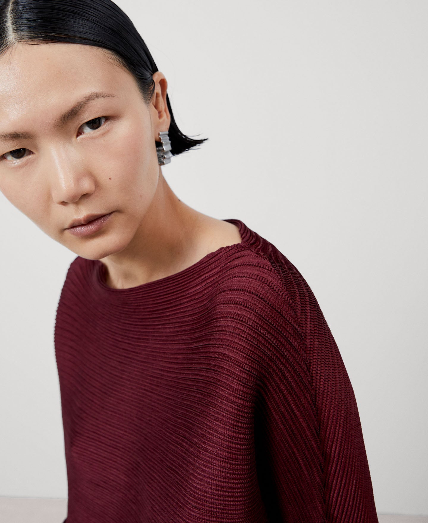 Women Shirt | Maroon Crinkle Bat Sleeve Sweater by Spanish designer Adolfo Dominguez