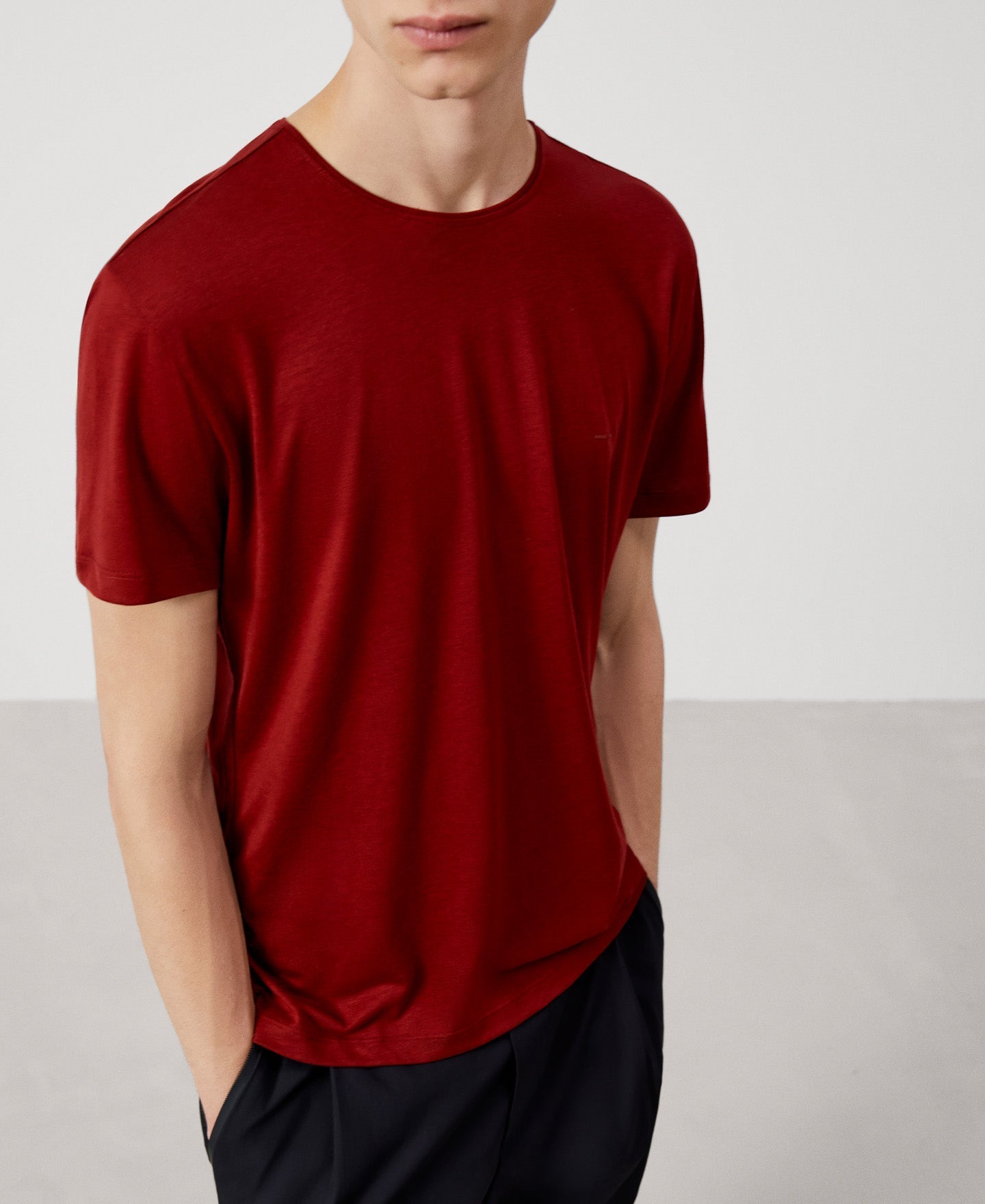 Men T-Shirt (Short Sleeve) | Maroon Lyocell Crew Neck T-Shit by Spanish designer Adolfo Dominguez