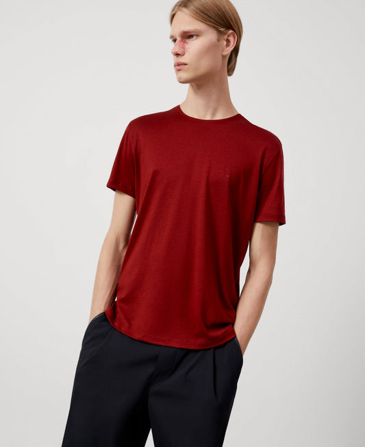 Men T-Shirt (Short Sleeve) | Maroon Lyocell Crew Neck T-Shit by Spanish designer Adolfo Dominguez