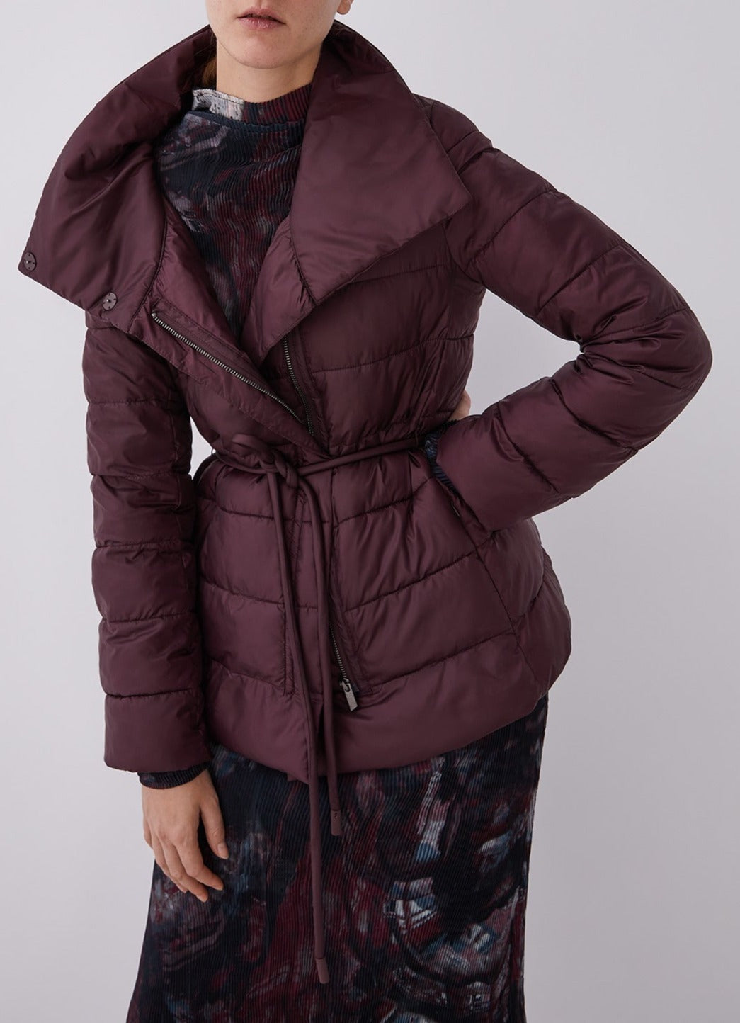 Women Coat | Maroon Padded Turtleneck Anorak by Spanish designer Adolfo Dominguez