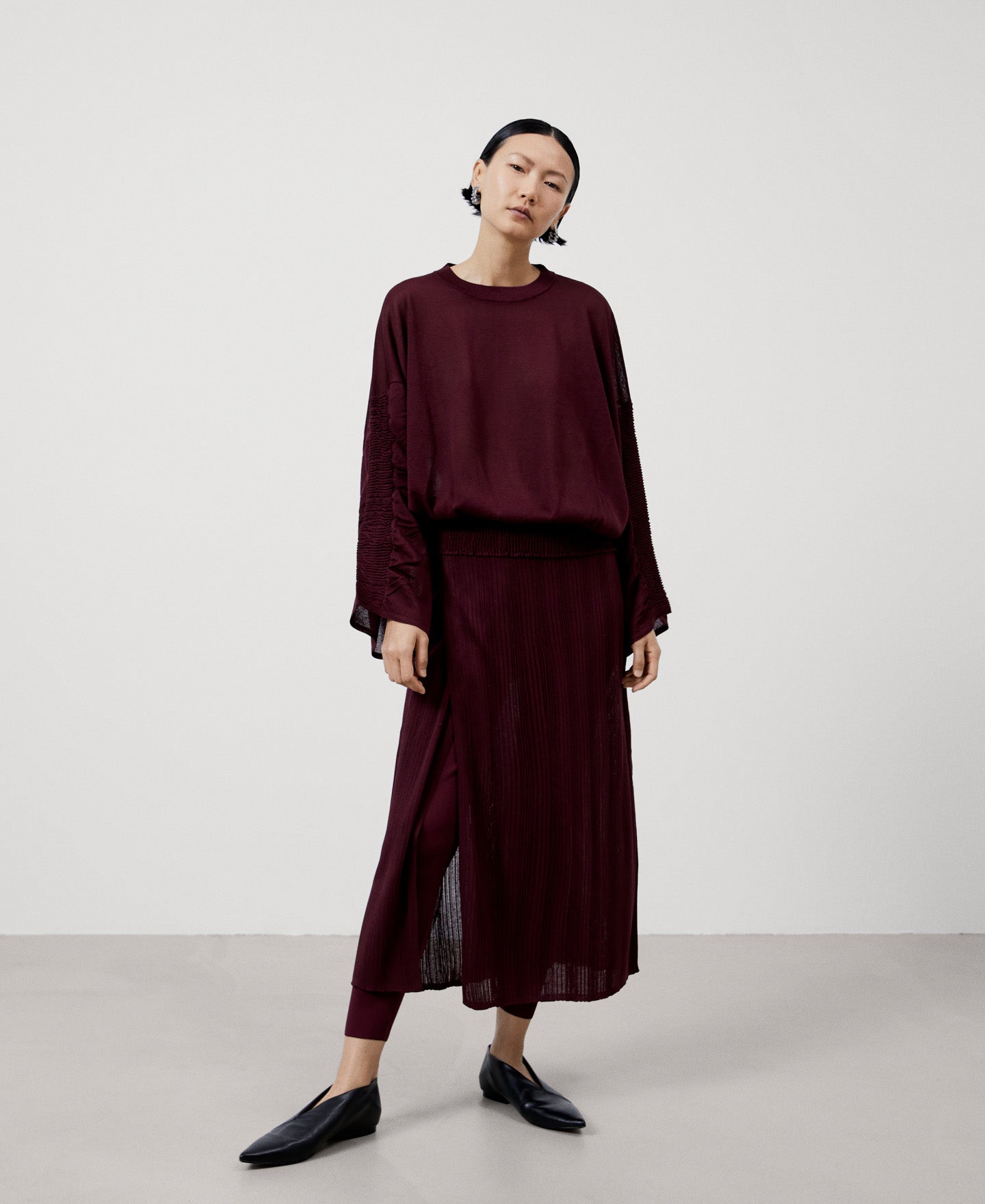 Women Skirt | Maroon Pleated Viscose Skirt With Leggings by Spanish designer Adolfo Dominguez