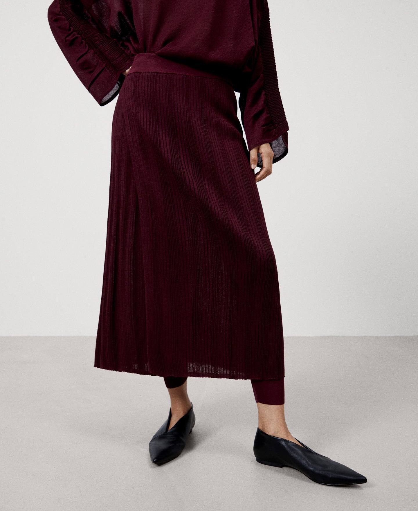 Women Skirt | Maroon Pleated Viscose Skirt With Leggings by Spanish designer Adolfo Dominguez