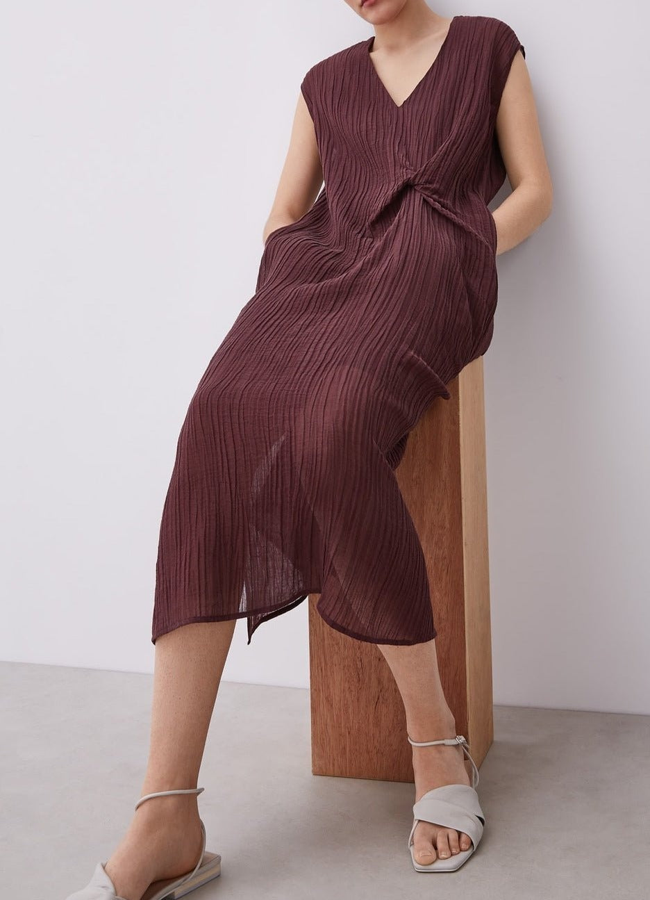 Women Dress | Maroon Ramie And Cotton Dress by Spanish designer Adolfo Dominguez