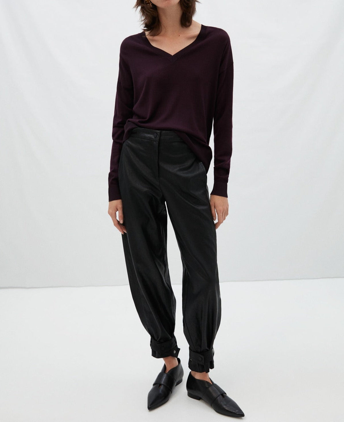 Women Jersey | Maroon V-Neck Sweater In Merino Wool by Spanish designer Adolfo Dominguez
