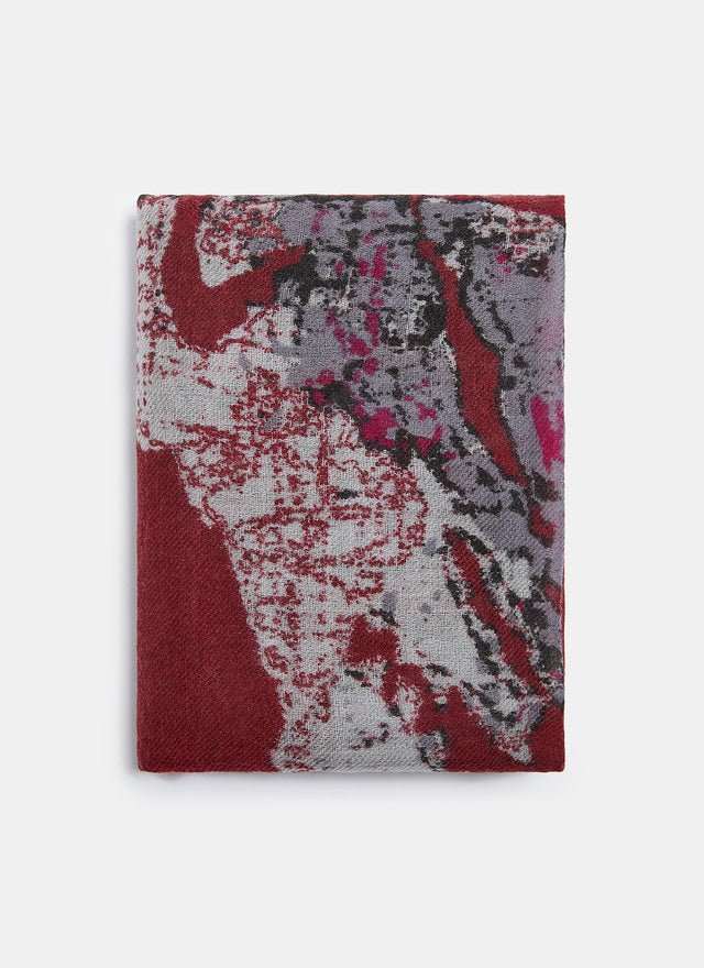 Women Shawl | Maroon/Grey Merino Wool Shawl With Abstract Print by Spanish designer Adolfo Dominguez