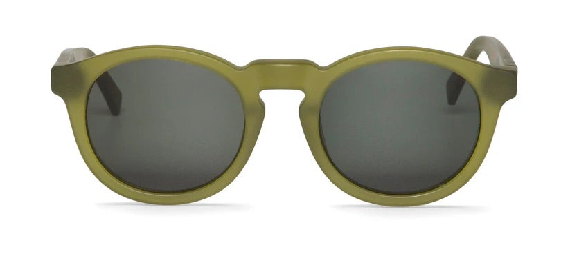 Round green sunglasses with dark lenses on a white background