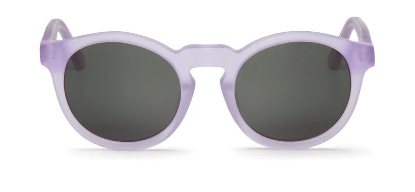 Round lilac purple sunglasses with dark lenses on a white background