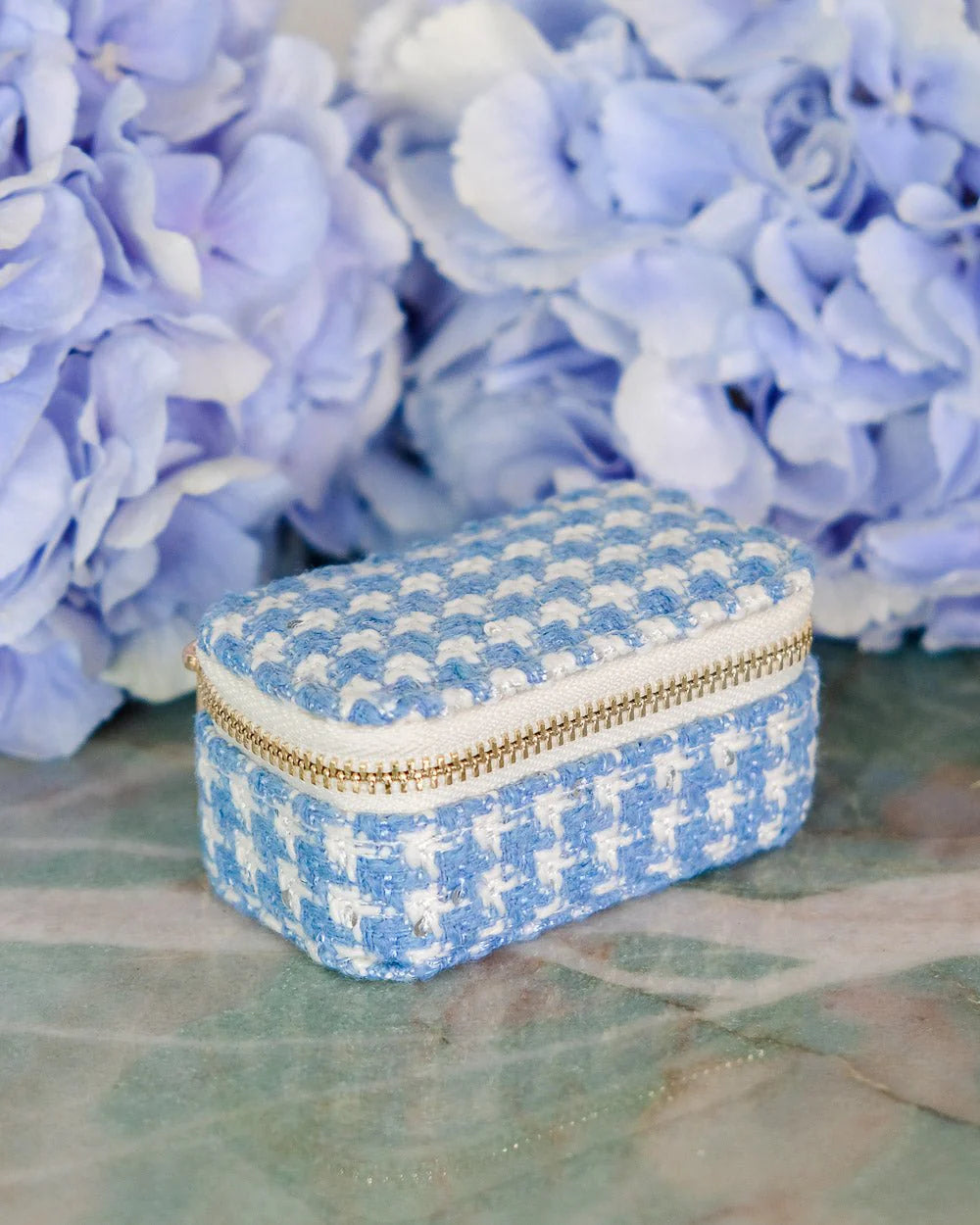 Marie Mini Travel Jewelry Box In Houndstooth Sky Blue