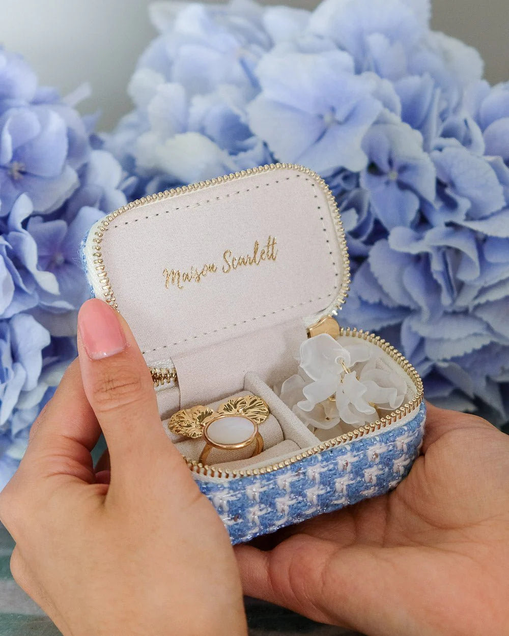 Marie Mini Travel Jewelry Box In Houndstooth Sky Blue
