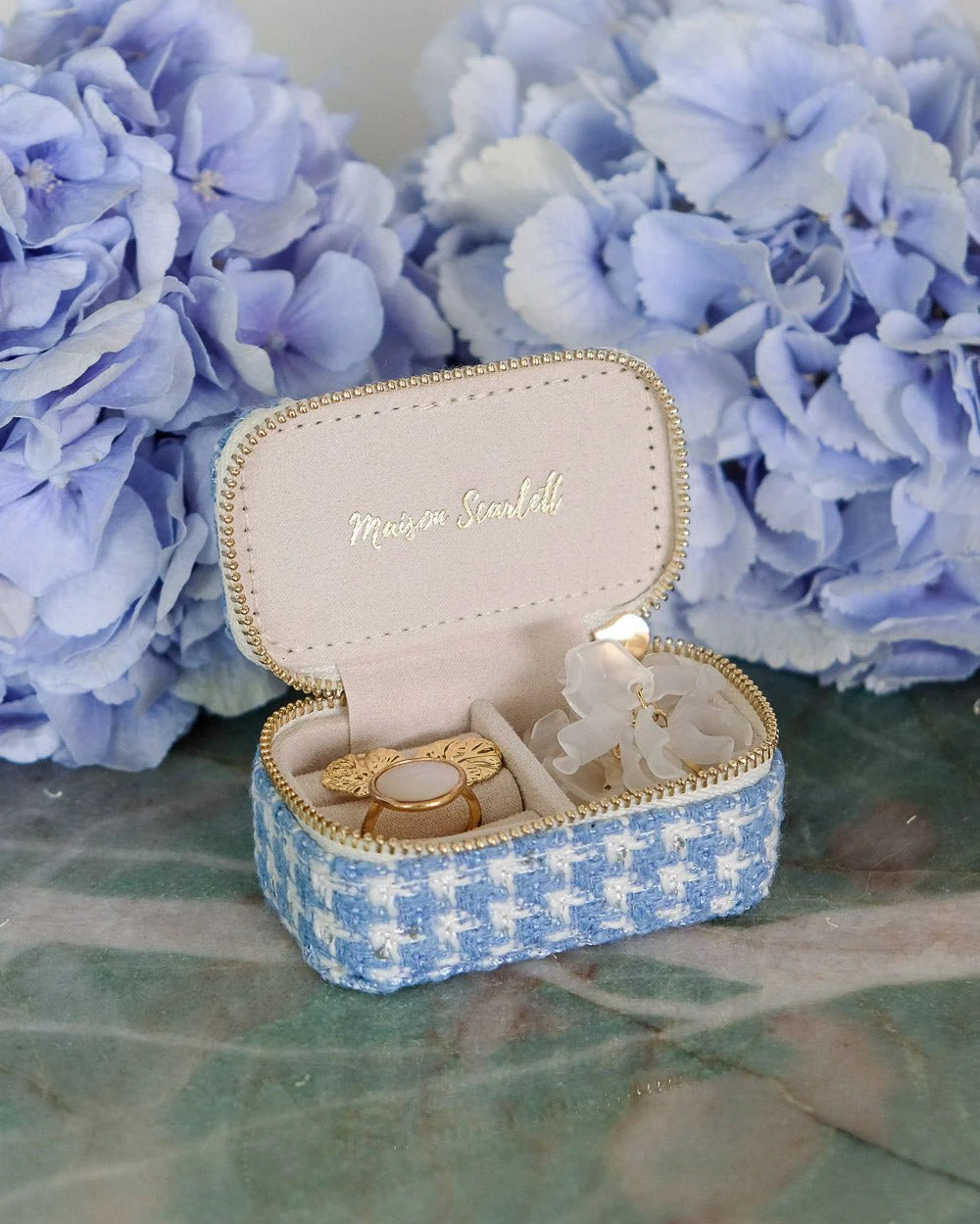 Marie Mini Travel Jewelry Box In Houndstooth Sky Blue