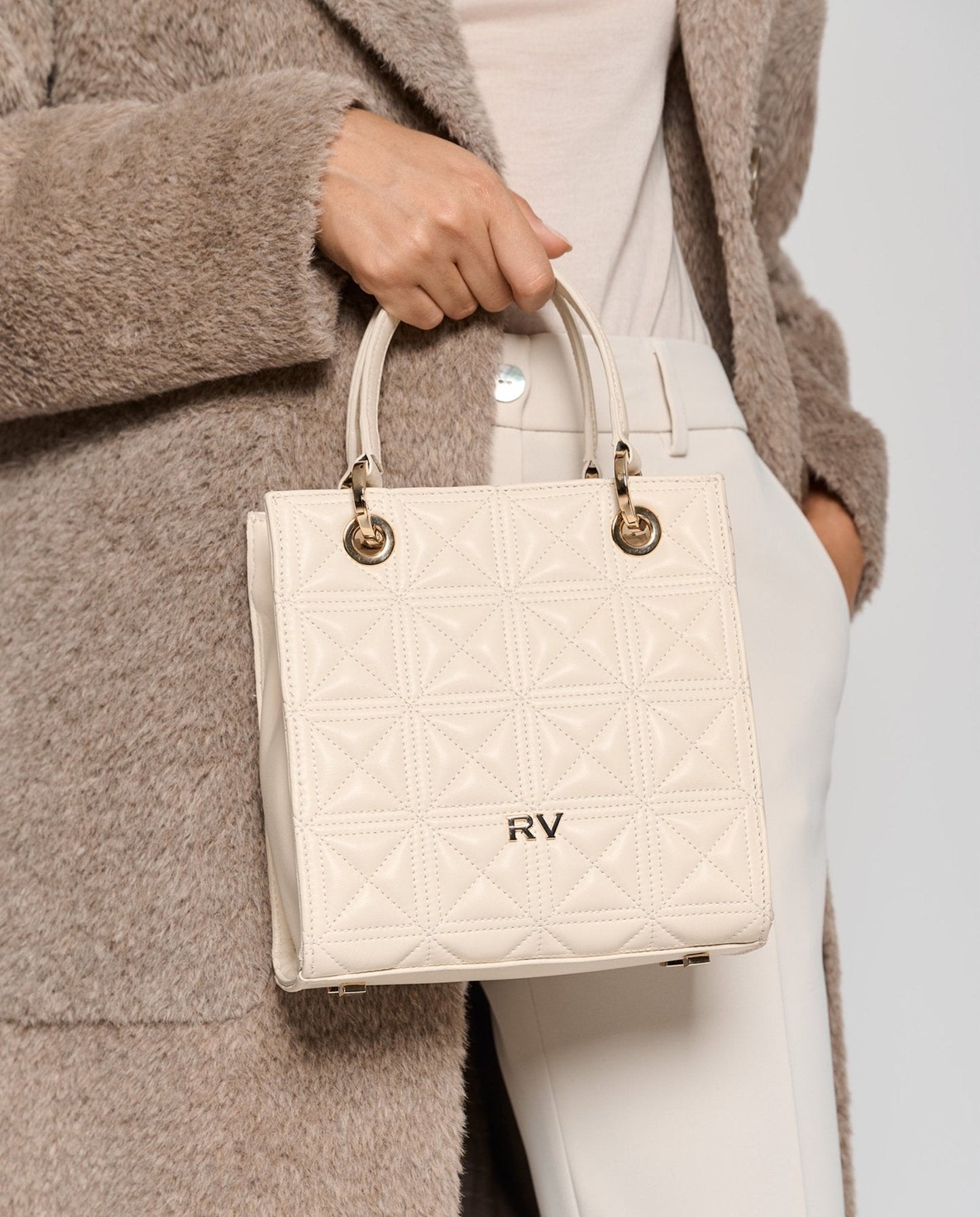Handbags | Mini Cute Ecru Quilted Leather Satchel Bag by Spanish designer Roberto Verino