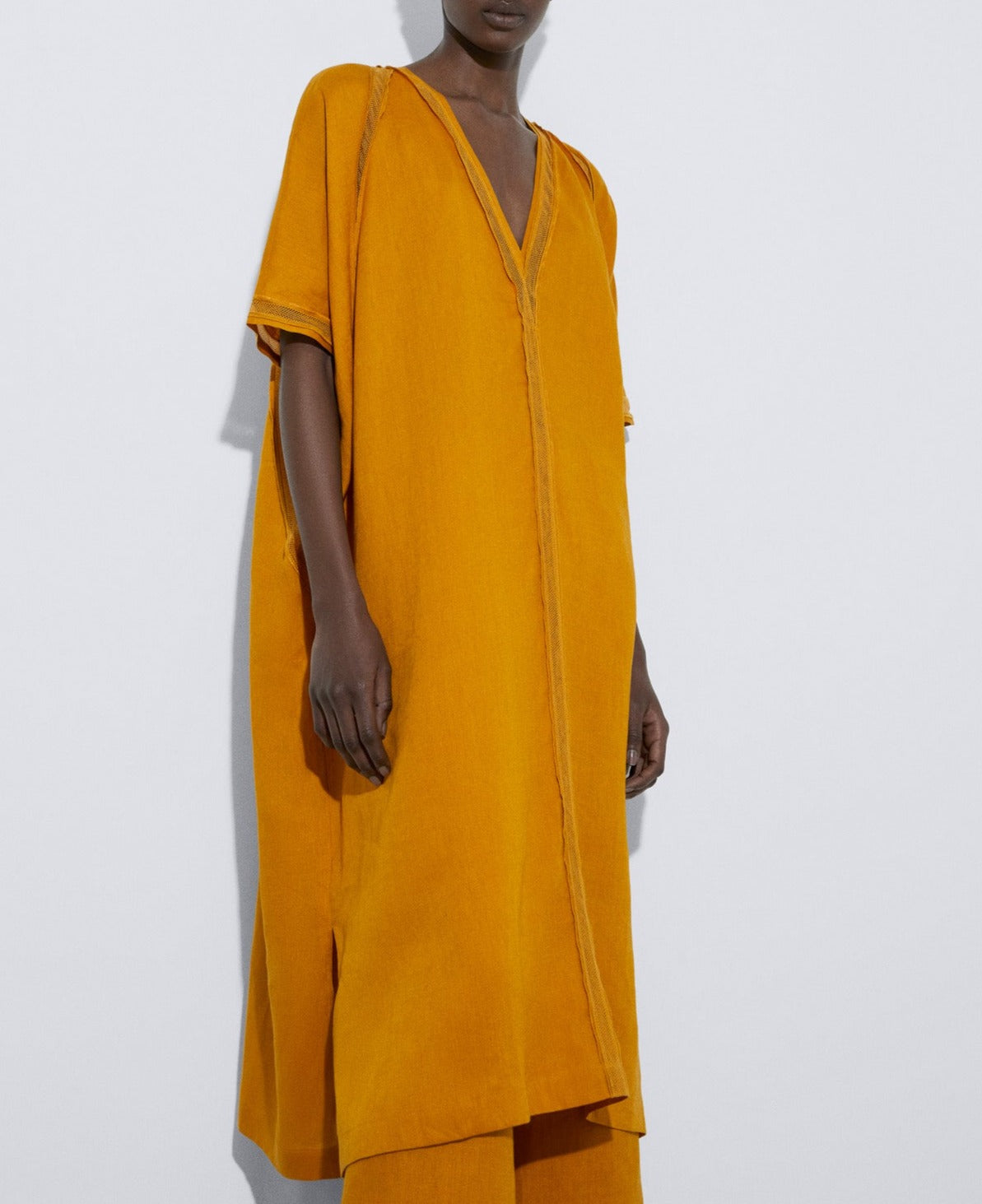 Women Shirt | Mustard Responsible Linen Kaftan Shirt by Spanish designer Adolfo Dominguez