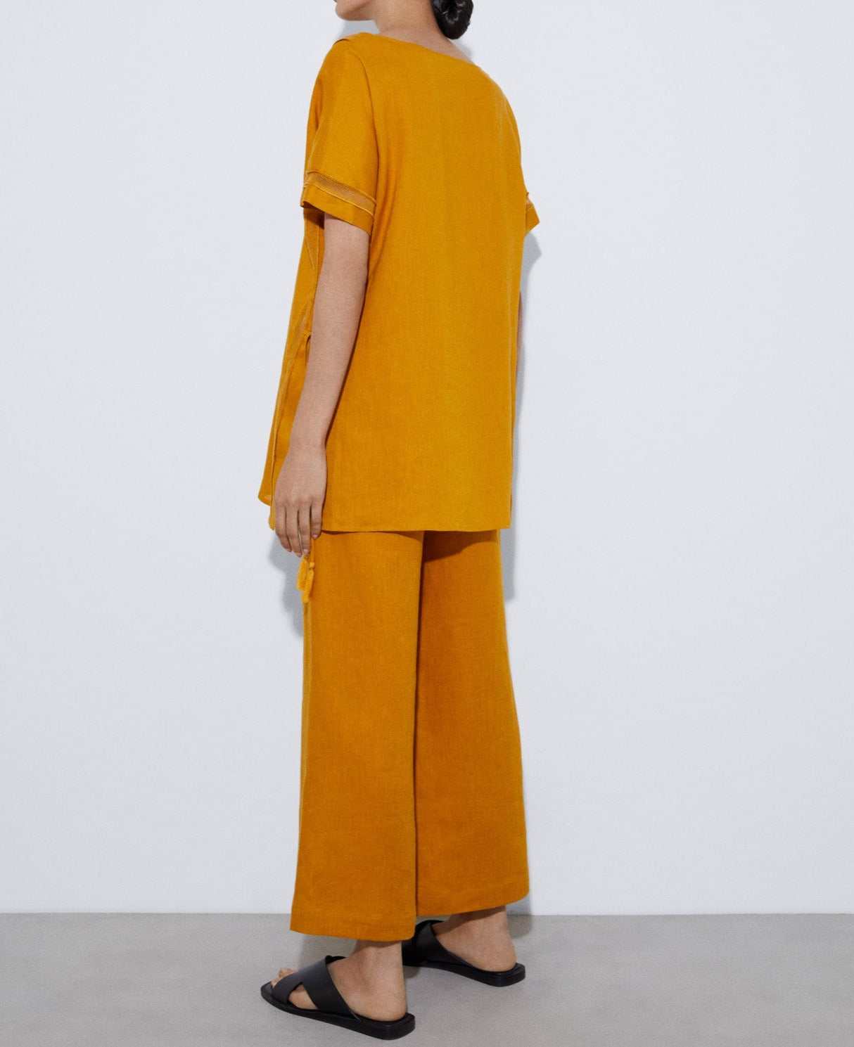 Women Short Sleeved Shirt | Mustard Responsible Linen Tasseled Shirt by Spanish designer Adolfo Dominguez