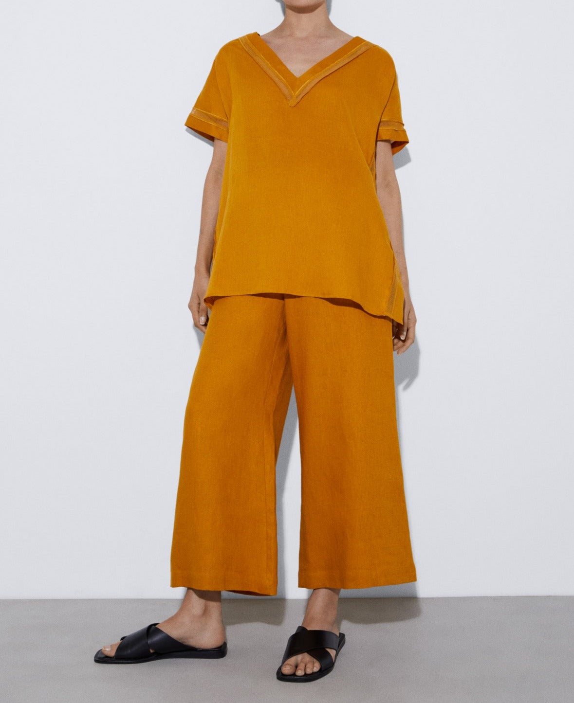 Women Short Sleeved Shirt | Mustard Responsible Linen Tasseled Shirt by Spanish designer Adolfo Dominguez