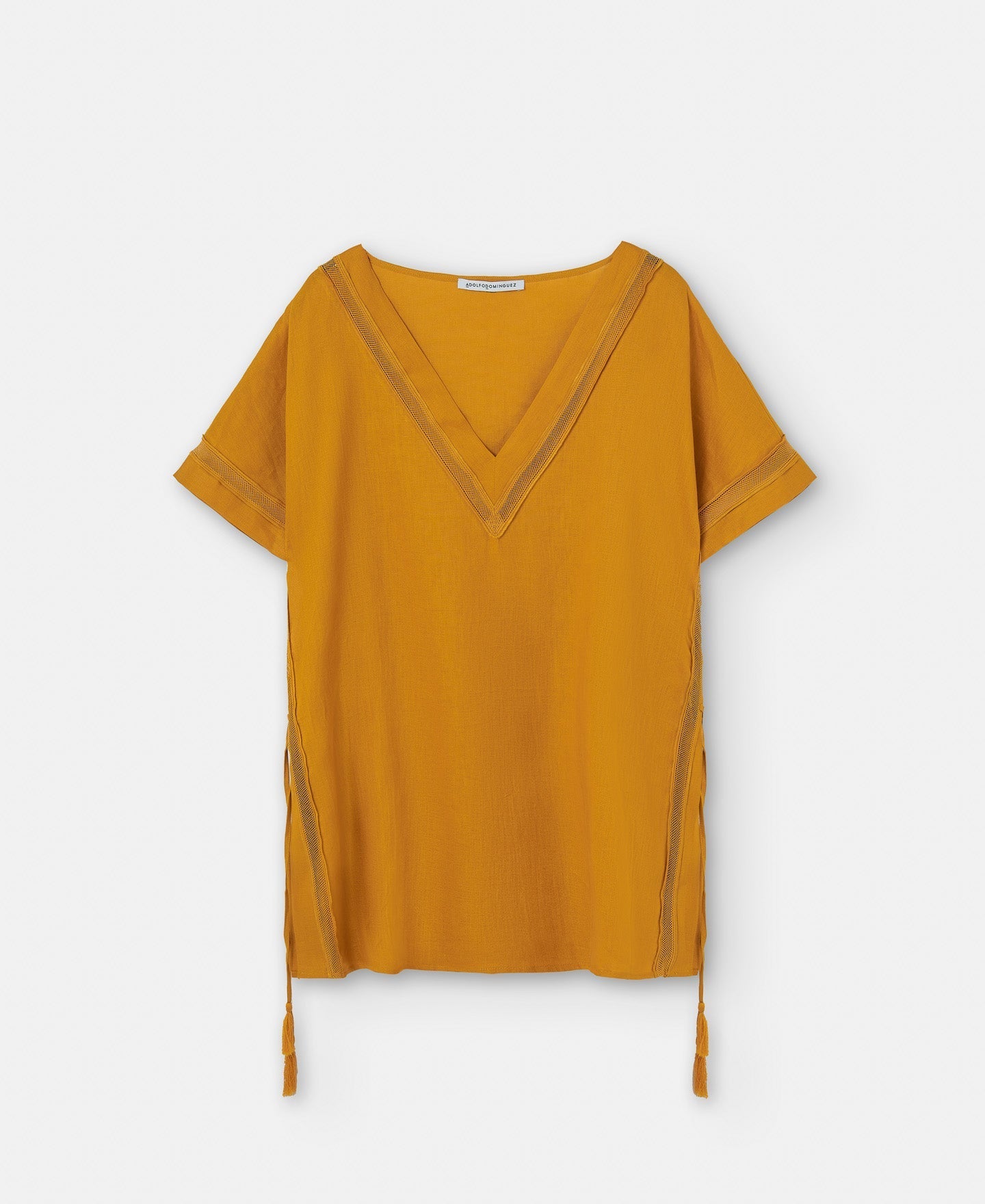 Women Short Sleeved Shirt | Mustard Responsible Linen Tasseled Shirt by Spanish designer Adolfo Dominguez