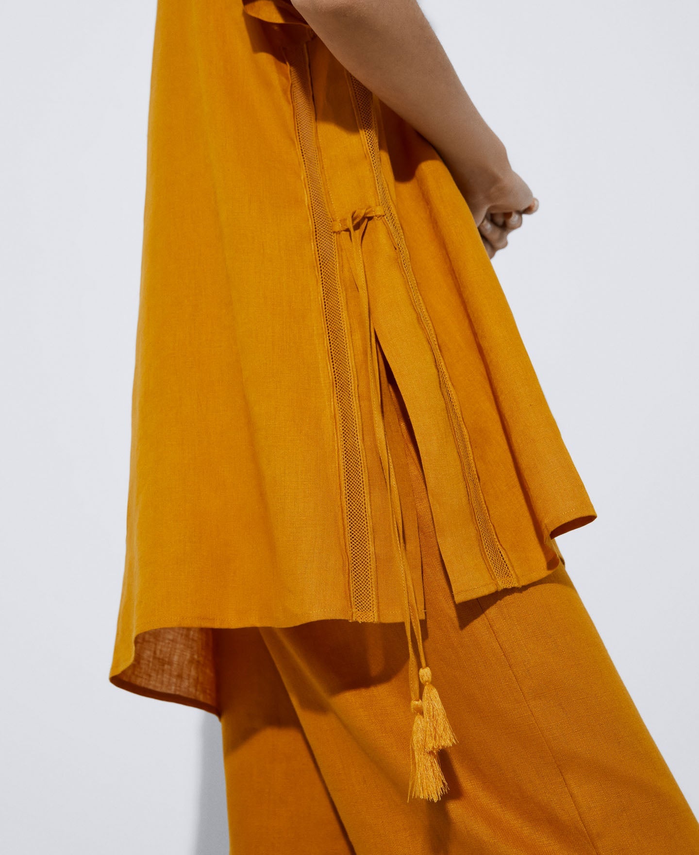 Women Short Sleeved Shirt | Mustard Responsible Linen Tasseled Shirt by Spanish designer Adolfo Dominguez