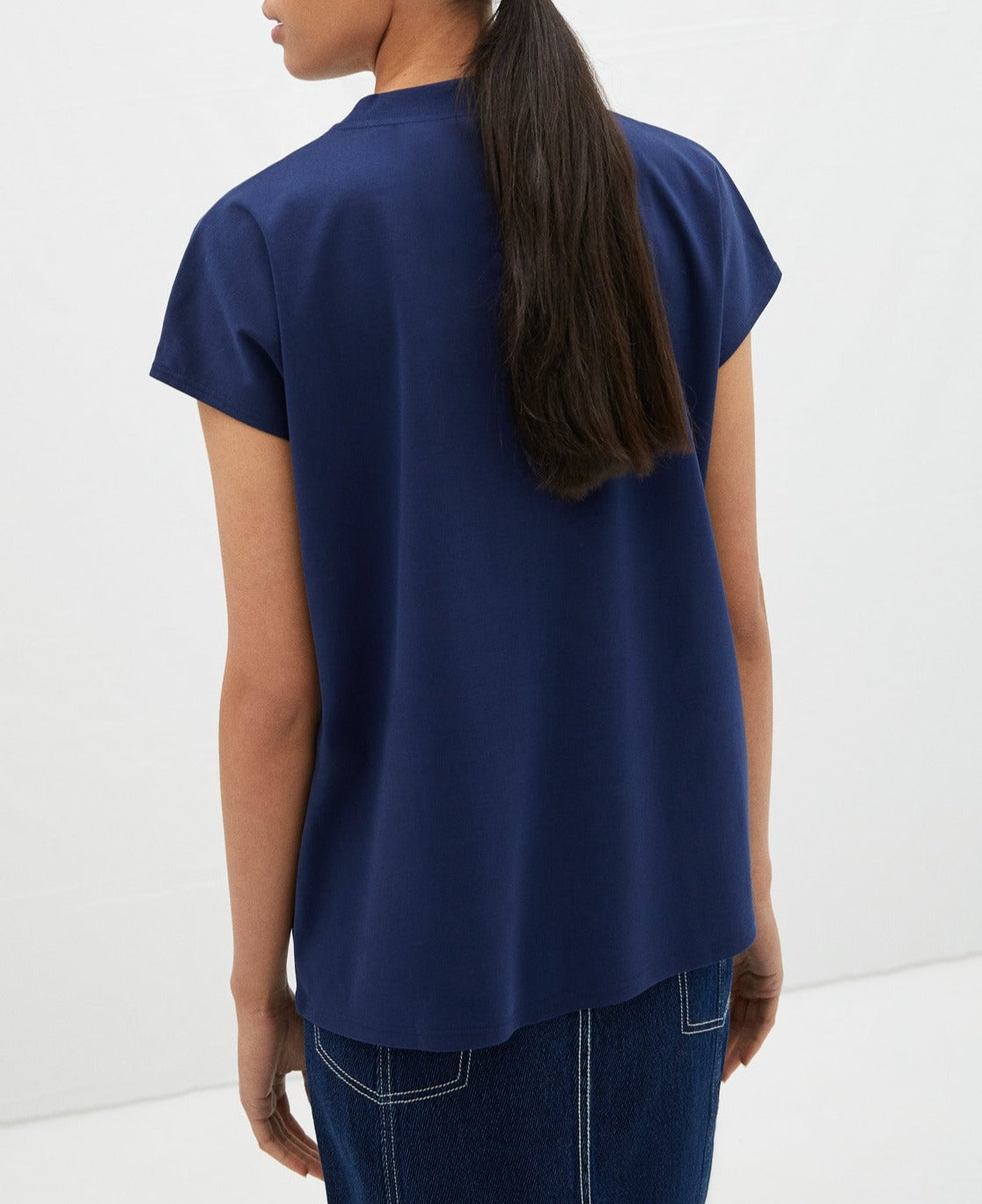 Women T-Shirt (Short Sleeve) | Navy Blue Bat Sleeve T-Shirt by Spanish designer Adolfo Dominguez