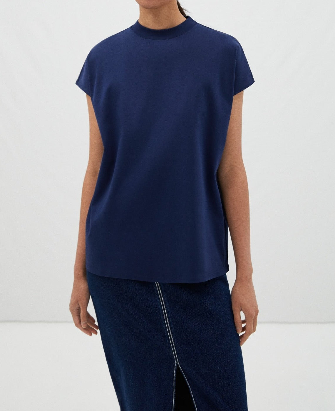 Women T-Shirt (Short Sleeve) | Navy Blue Bat Sleeve T-Shirt by Spanish designer Adolfo Dominguez