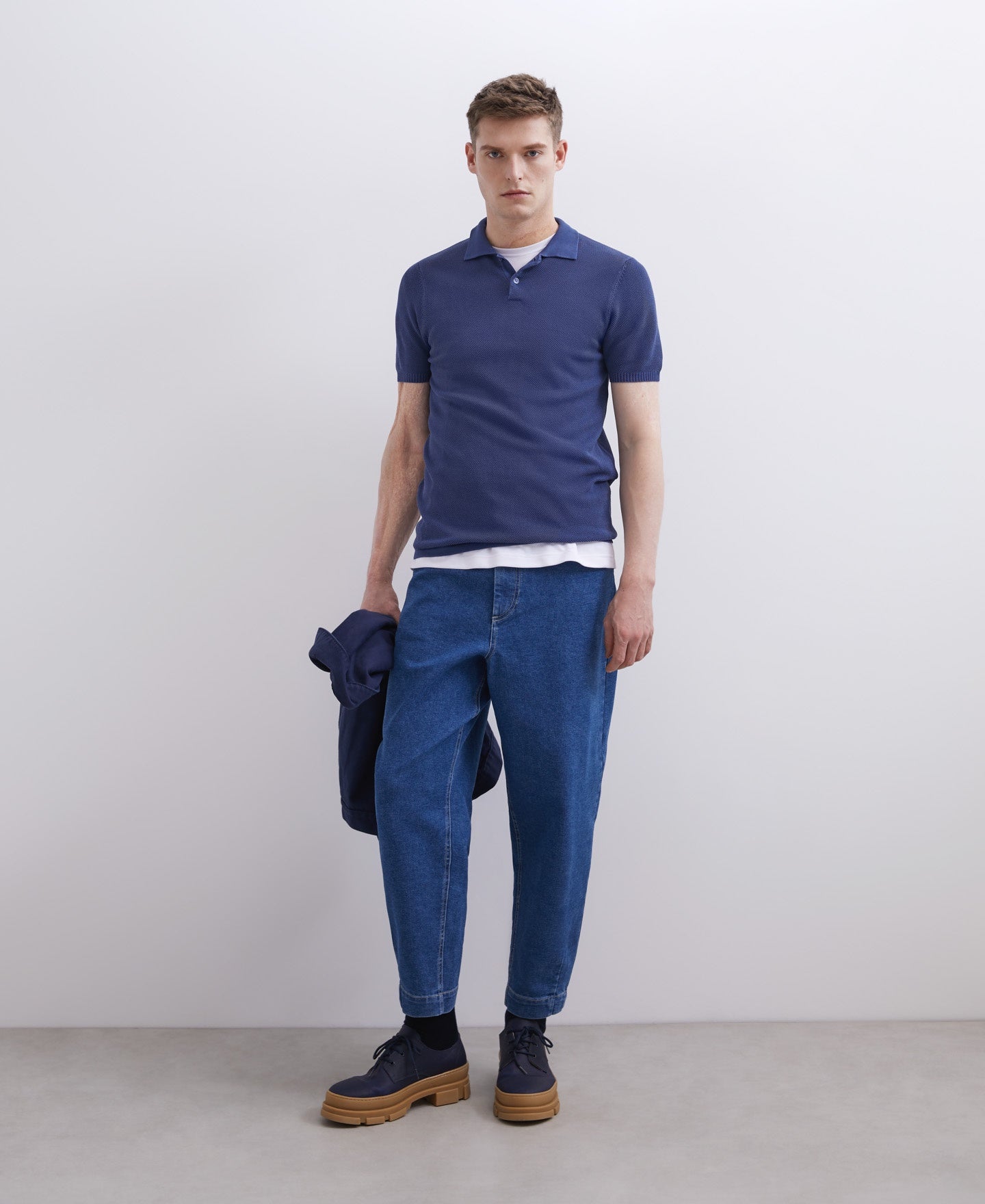 Men Polo | Navy Blue Blue Navy Pique Shirt Collar Polo Shirt by Spanish designer Adolfo Dominguez