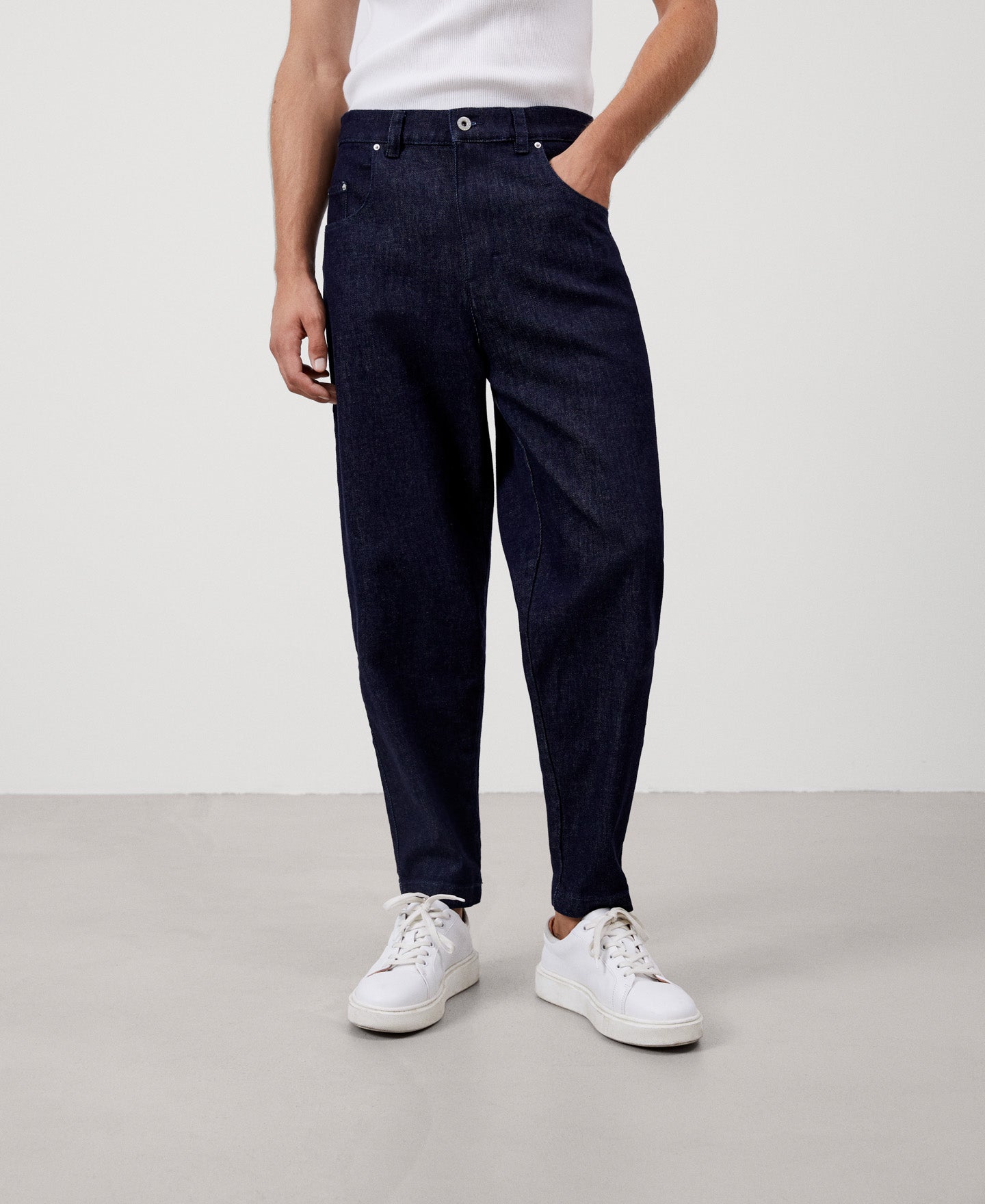 Men Jeans | Navy Blue Carrot Fit Trousers by Spanish designer Adolfo Dominguez