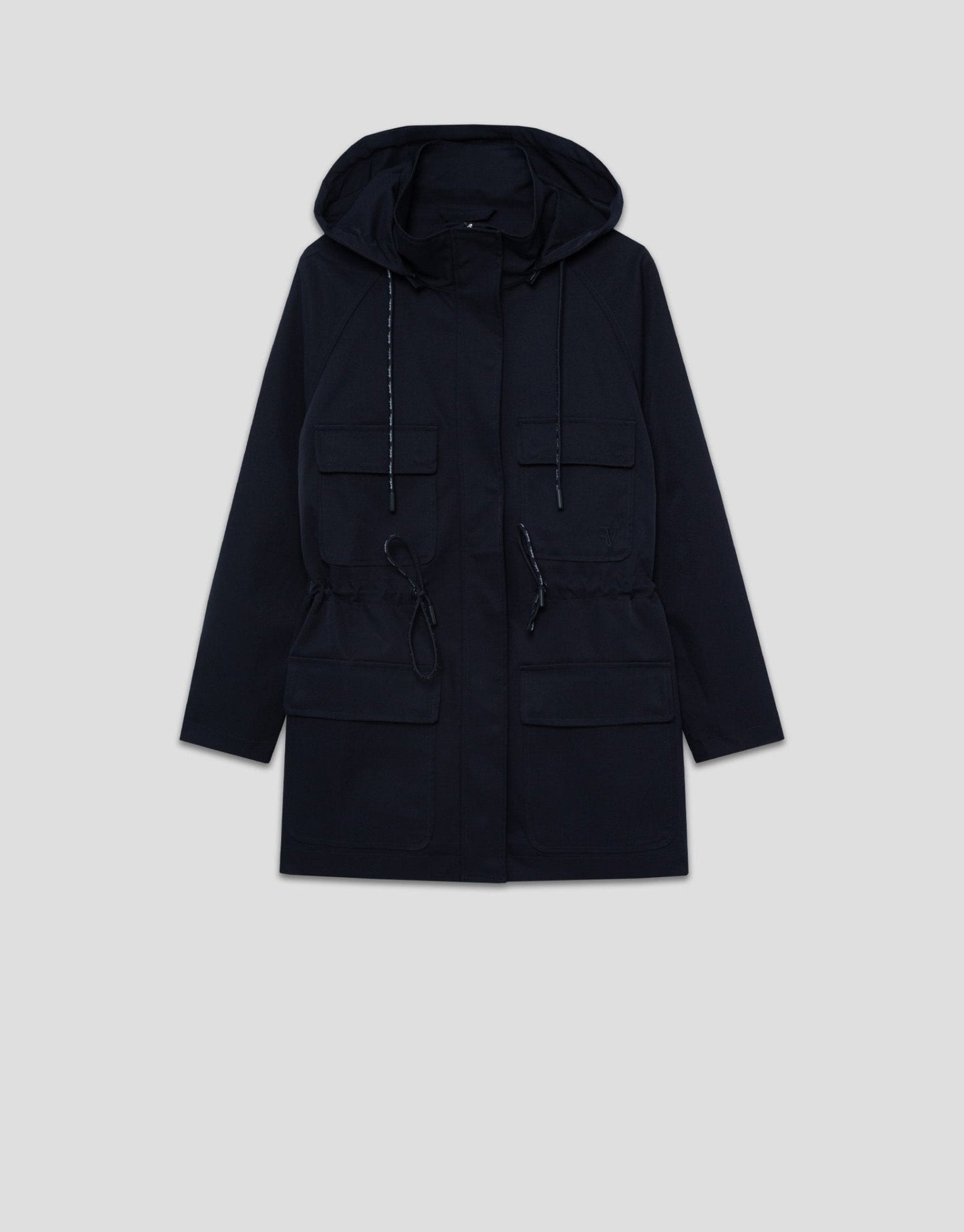 Outwear | Navy blue cinched - waist hooded trench coat by Spanish designer Roberto Verino