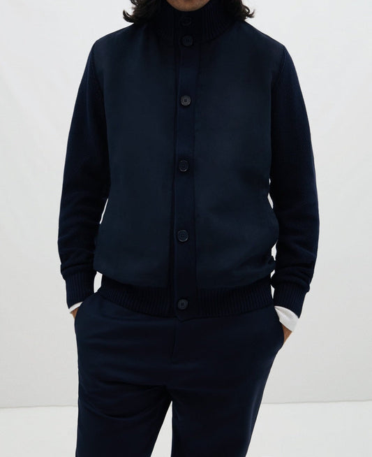 Men Knit Jacket | Navy Blue Cotton And Vegan Suede Cardigan by Spanish designer Adolfo Dominguez