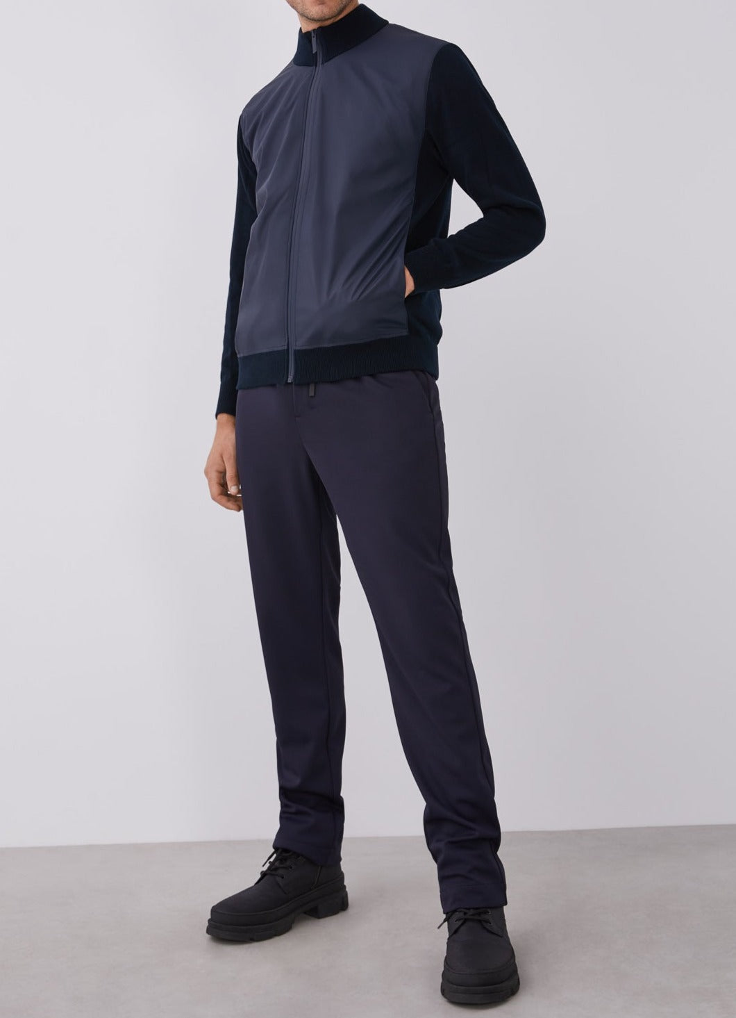 Men Knit Jacket | Navy Blue Cotton Cardigan With Perkins Collar by Spanish designer Adolfo Dominguez