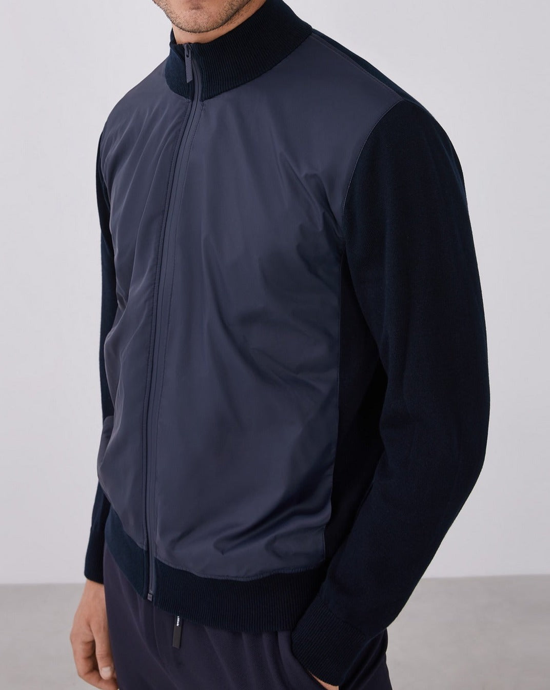 Men Knit Jacket | Navy Blue Cotton Cardigan With Perkins Collar by Spanish designer Adolfo Dominguez
