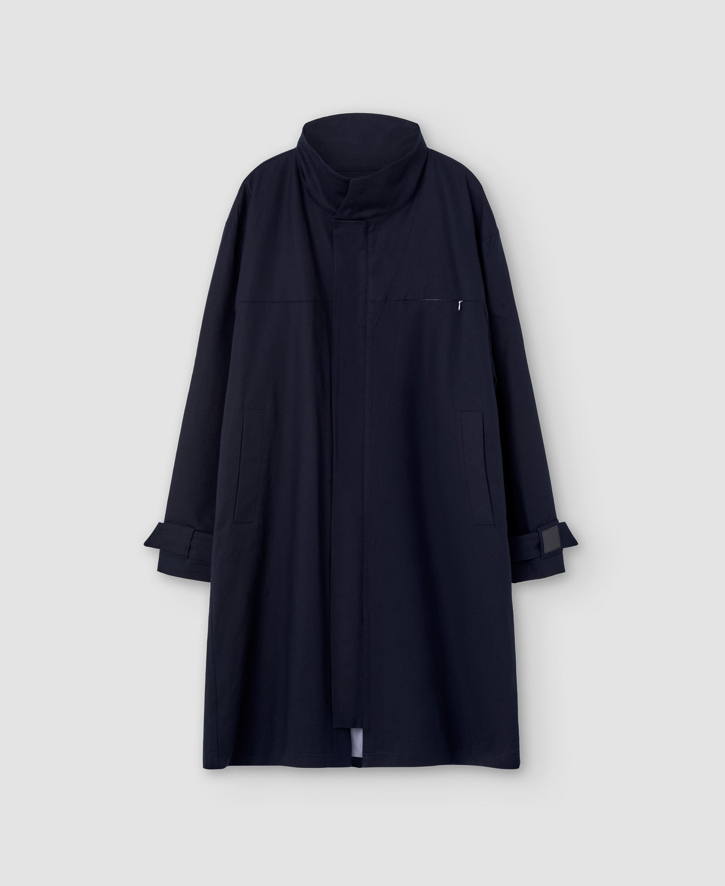 Men Long Jacket | Navy Blue Cotton Mao Collar Parka by Spanish designer Adolfo Dominguez