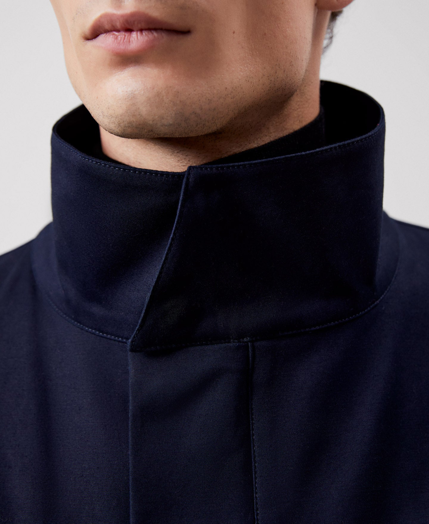 Men Long Jacket | Navy Blue Cotton Mao Collar Parka by Spanish designer Adolfo Dominguez