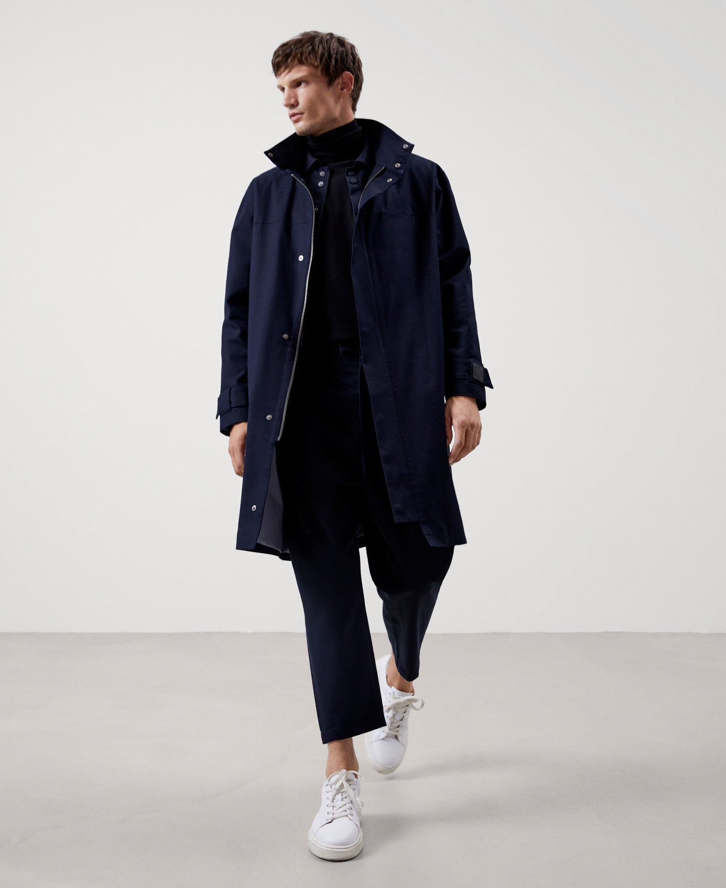 Men Long Jacket | Navy Blue Cotton Mao Collar Parka by Spanish designer Adolfo Dominguez