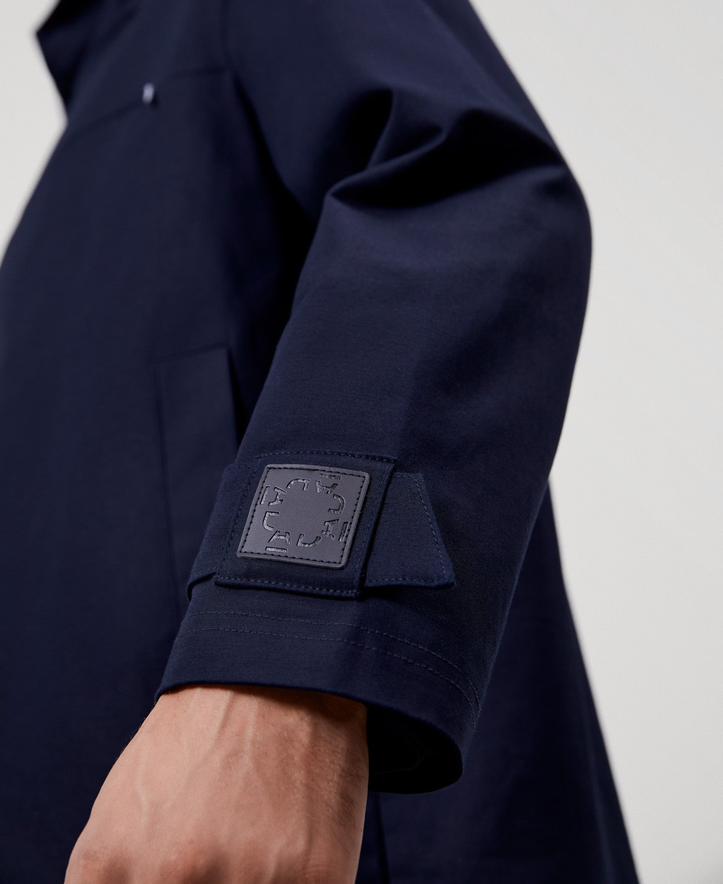 Men Long Jacket | Navy Blue Cotton Mao Collar Parka by Spanish designer Adolfo Dominguez