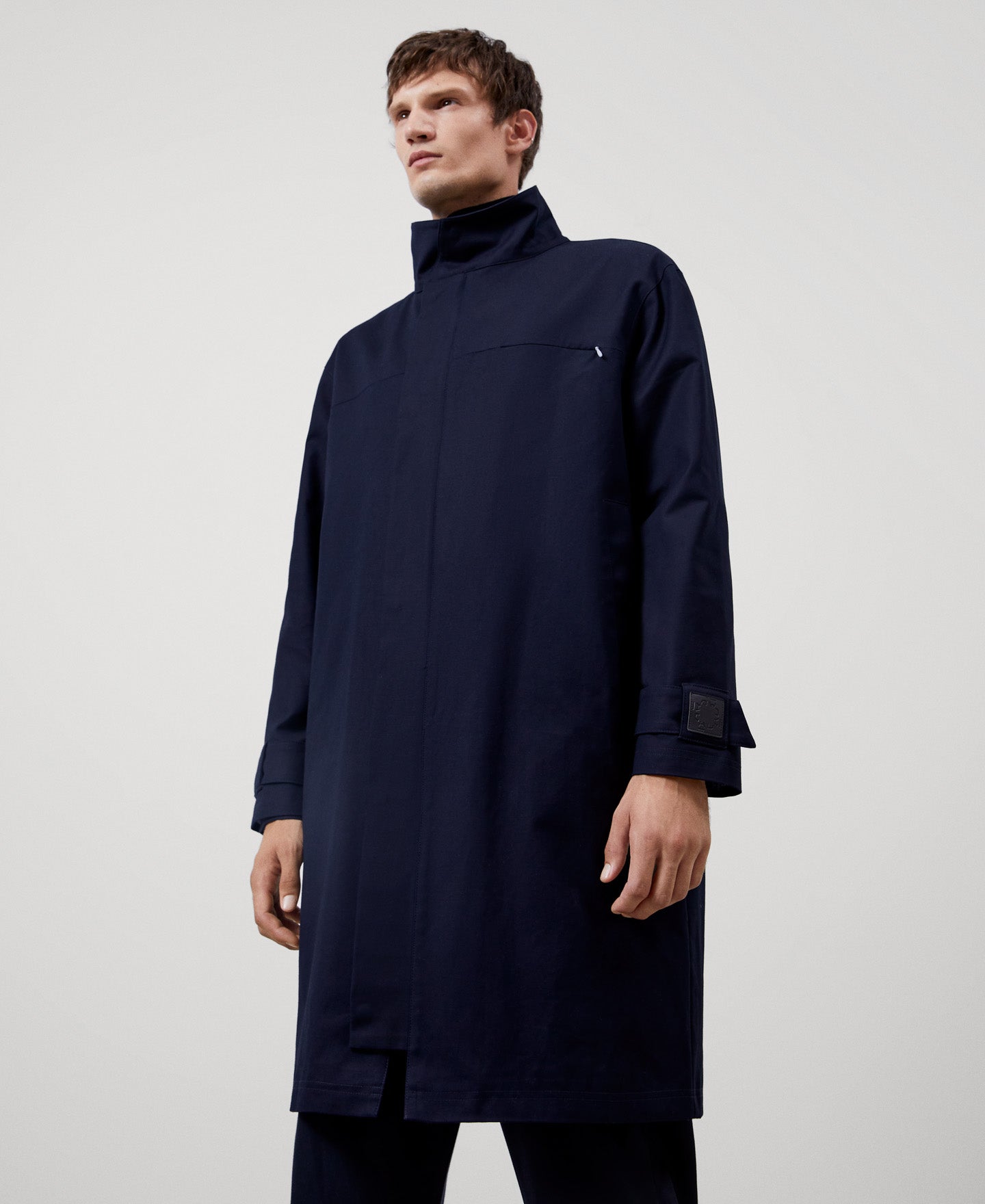 Men Long Jacket | Navy Blue Cotton Mao Collar Parka by Spanish designer Adolfo Dominguez