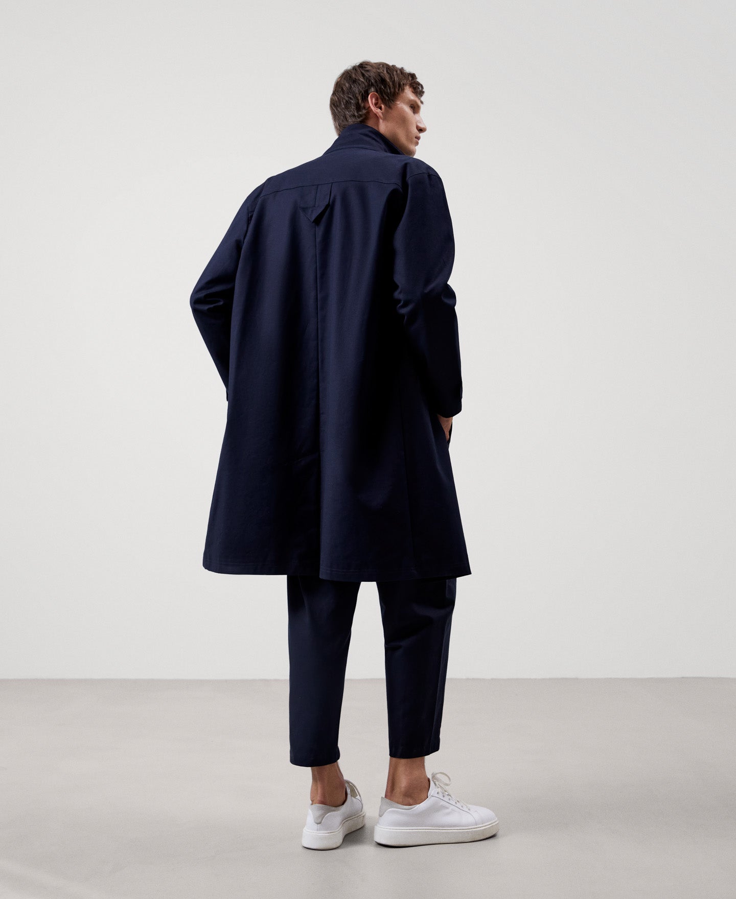 Men Long Jacket | Navy Blue Cotton Mao Collar Parka by Spanish designer Adolfo Dominguez