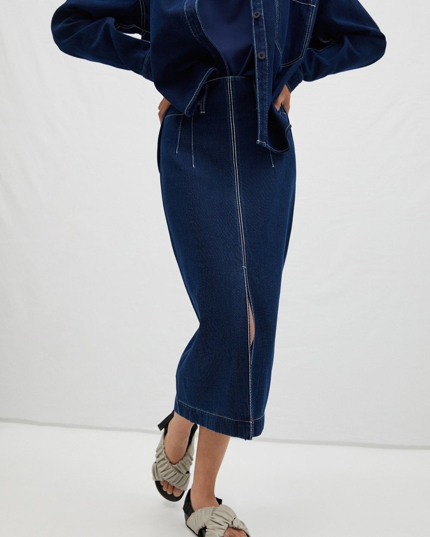 Women Skirt | Navy Blue Cotton Pencil Skirt by Spanish designer Adolfo Dominguez