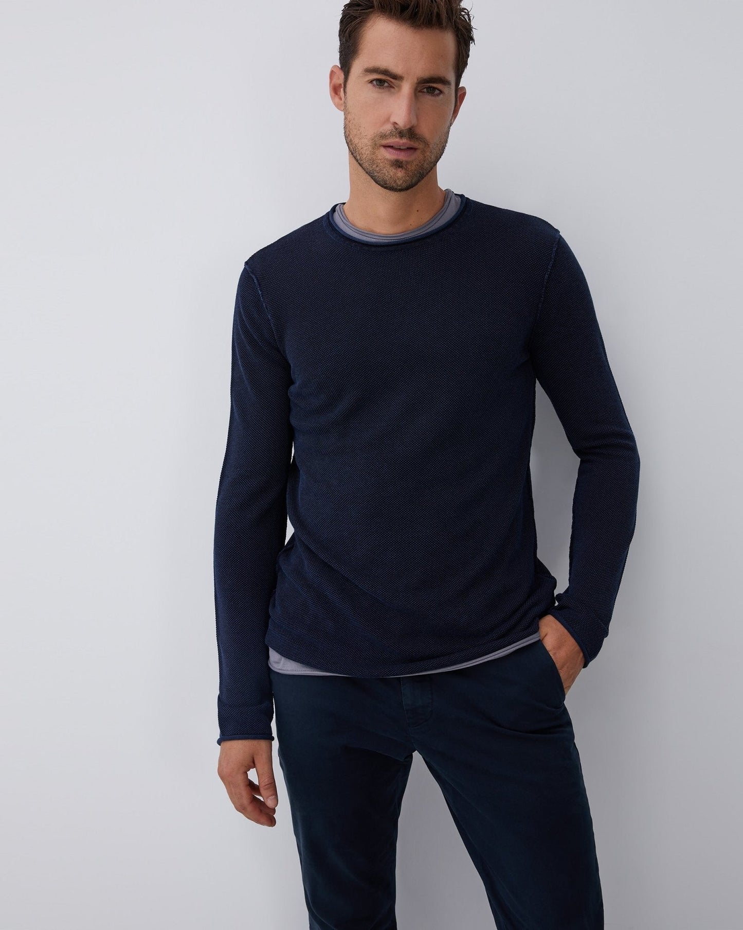 Men Long-Sleeve T-Shirt | Navy Blue Cotton Pique Washed T-Shirt by Spanish designer Adolfo Dominguez