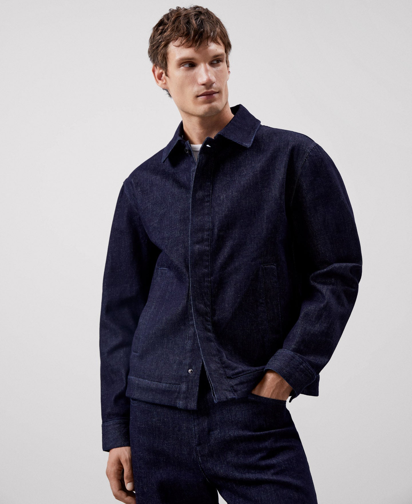 Men Jacket | Navy Blue Demin Overshirt In Recycled Materials by Spanish designer Adolfo Dominguez