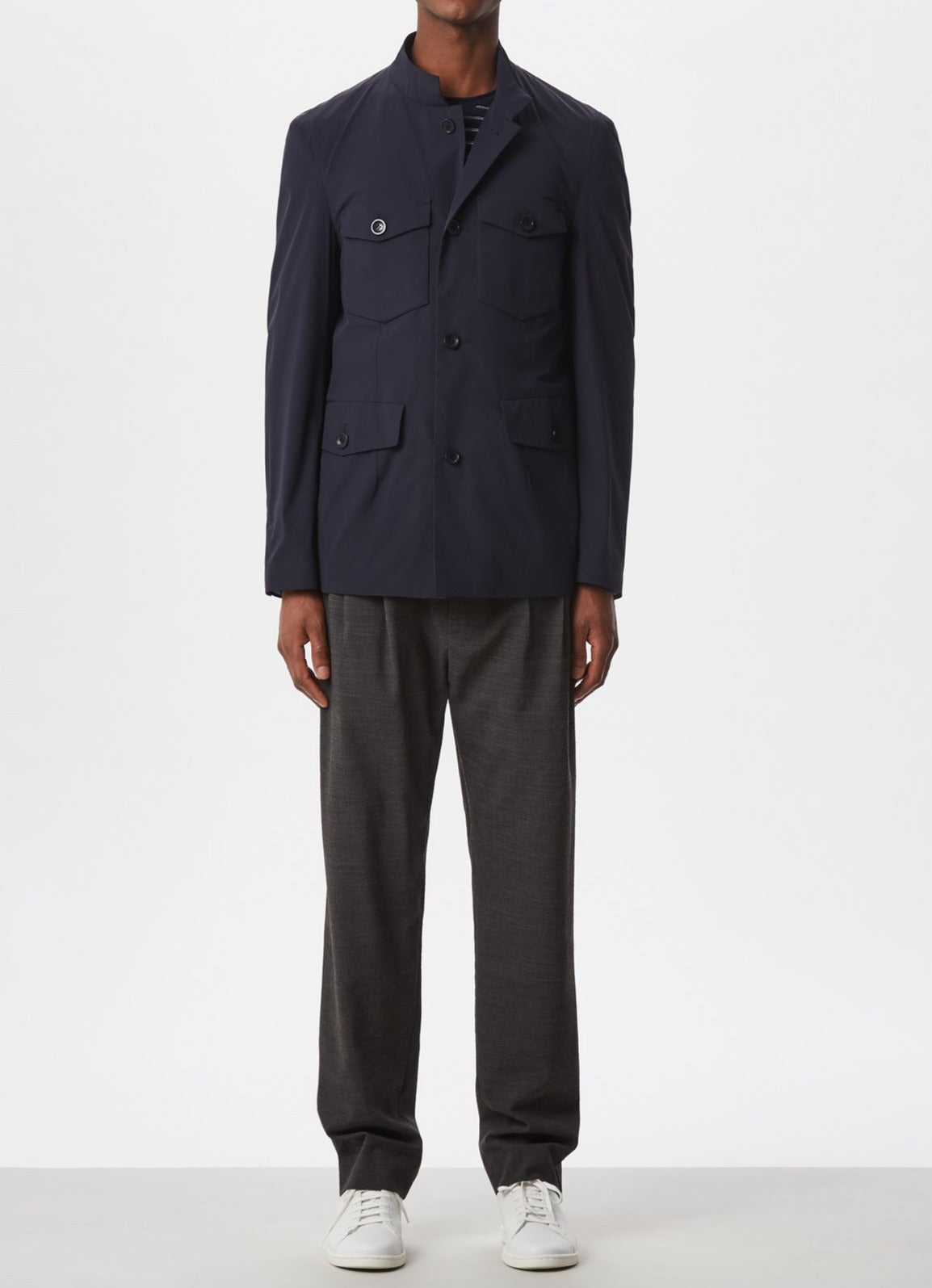 Men Short Jacket | Navy Blue Elastic Polyamide Safari Jacke by Spanish designer Adolfo Dominguez
